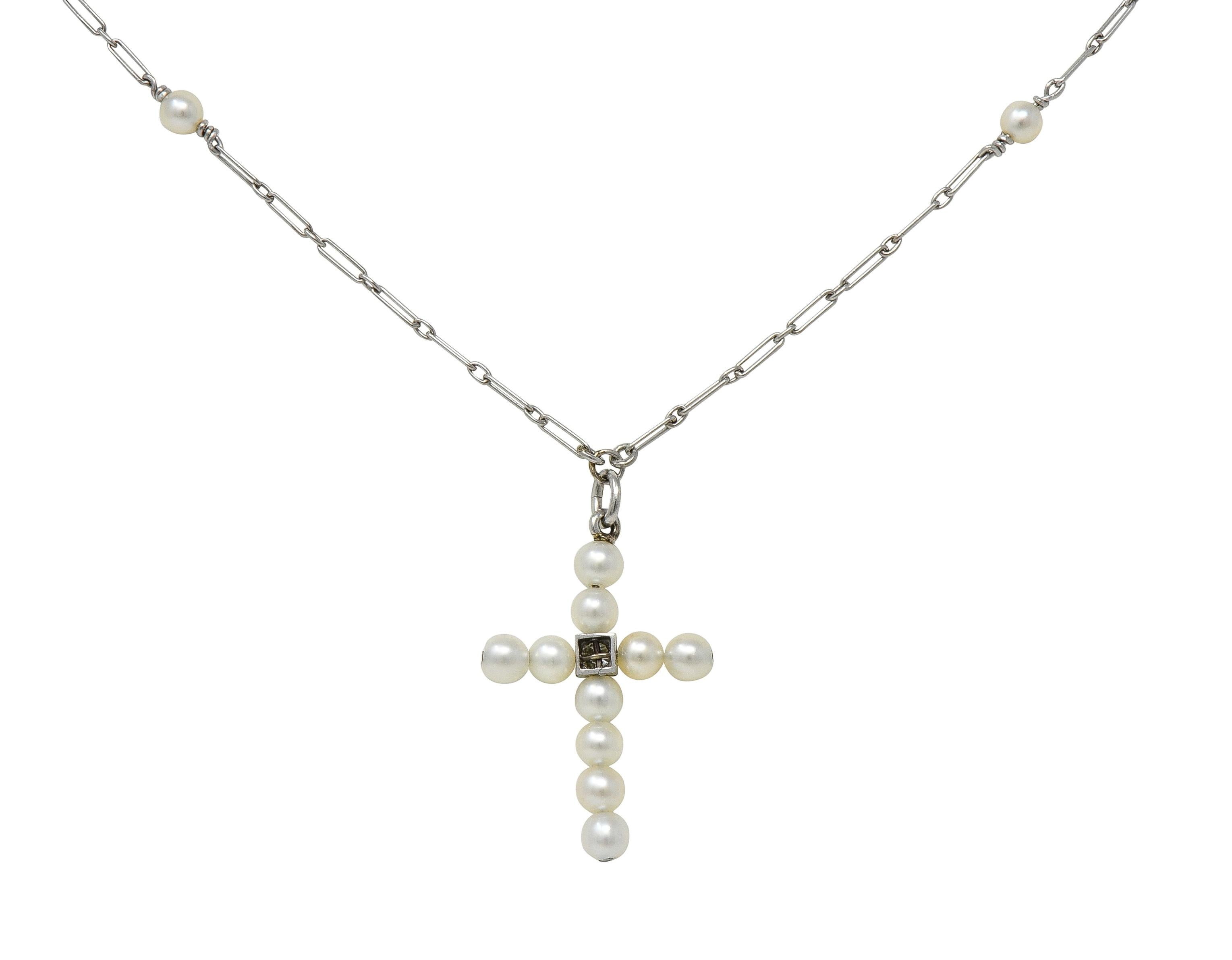 Edwardian Diamond Pearl Platinum Antique Cross Pendant Station Necklace