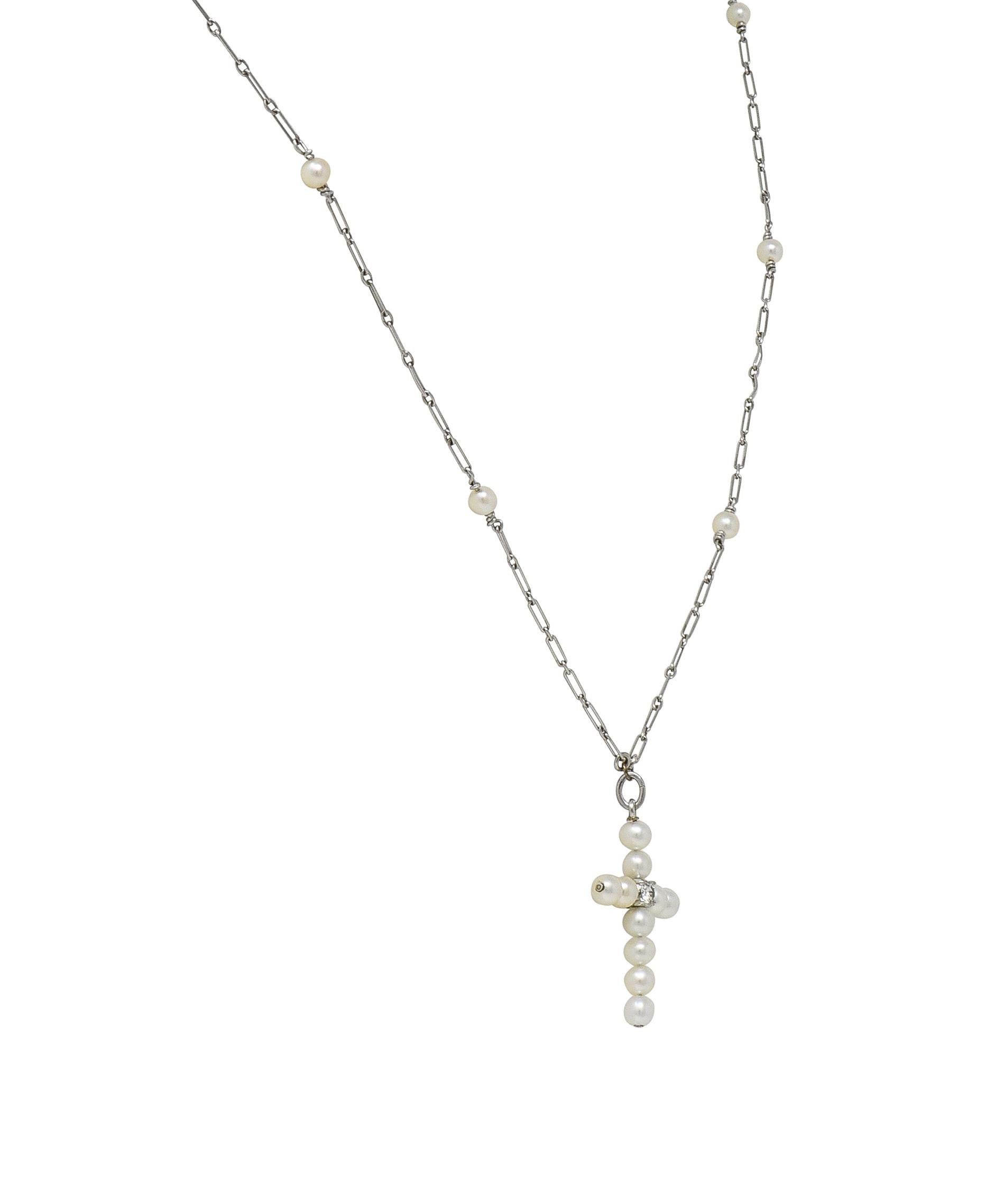 Edwardian Diamond Pearl Platinum Antique Cross Pendant Station Necklace