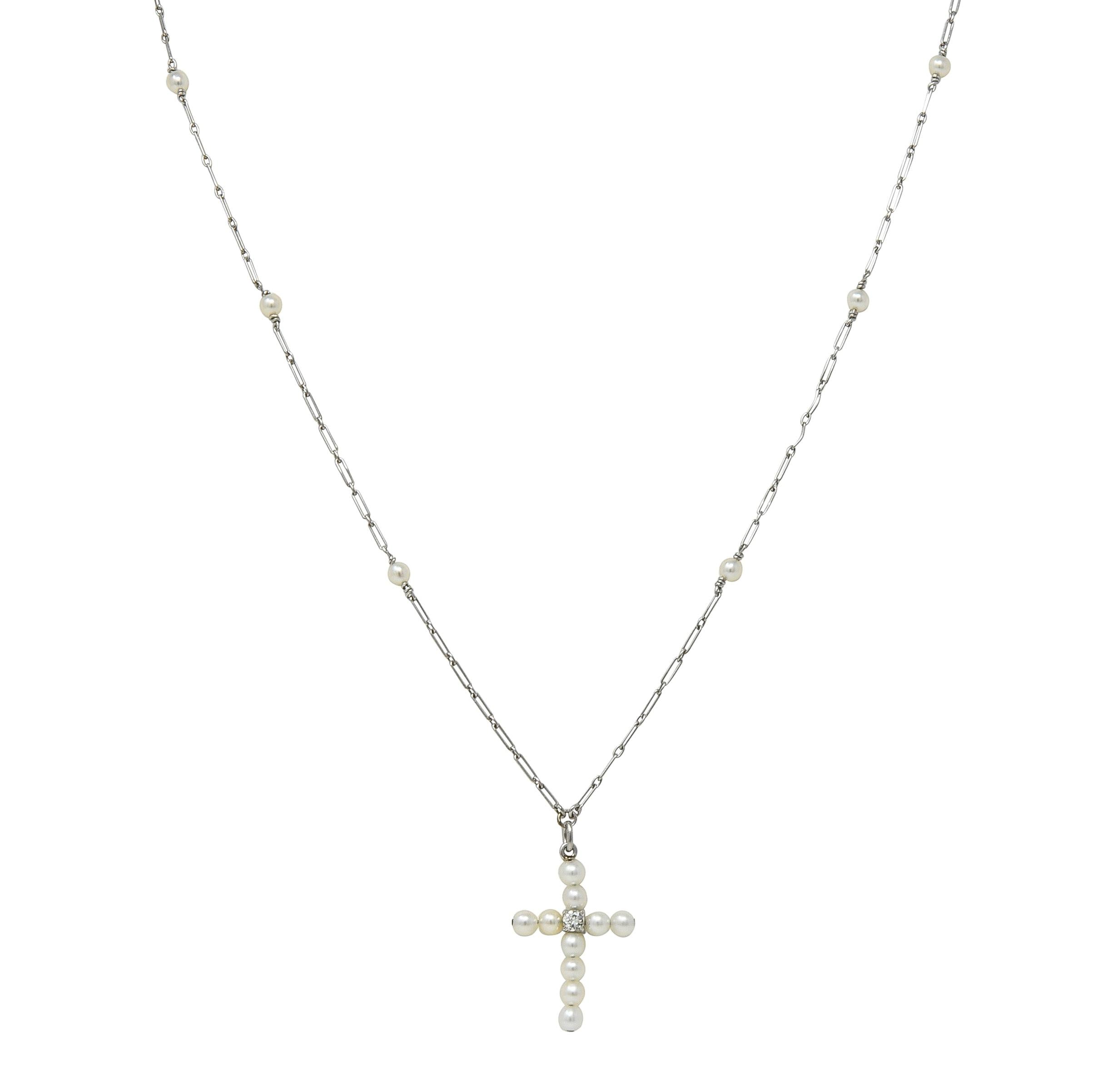 Edwardian Diamond Pearl Platinum Antique Cross Pendant Station Necklace
