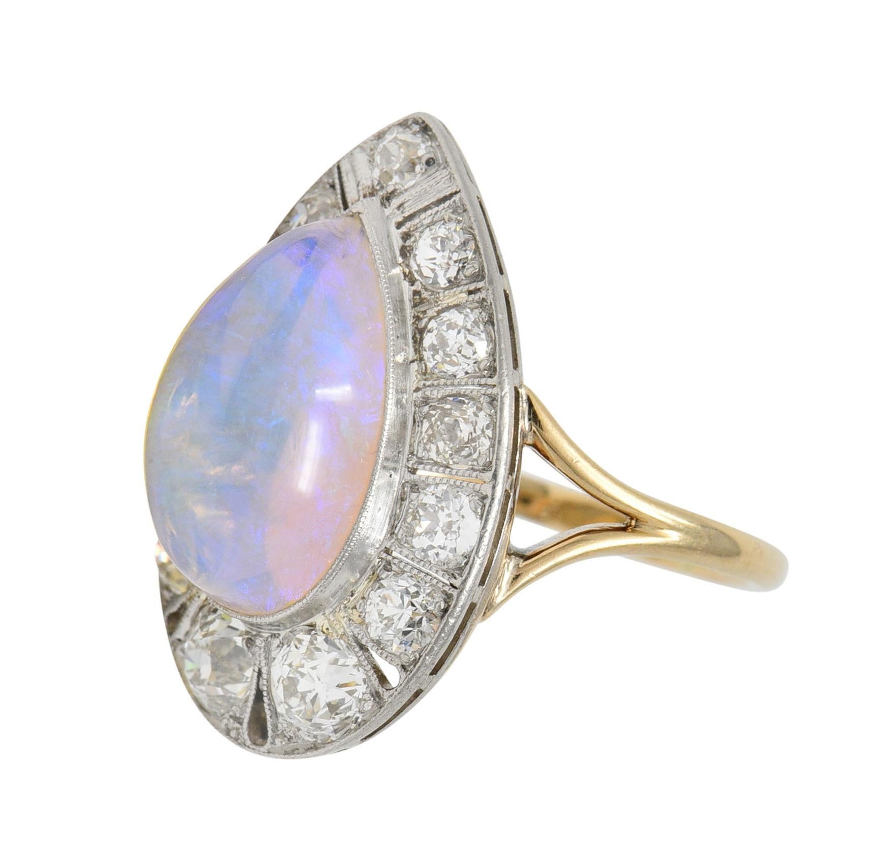 Edwardian Antique Pear Jelly Opal Diamond Platinum 14 Karat Gold Halo Ring