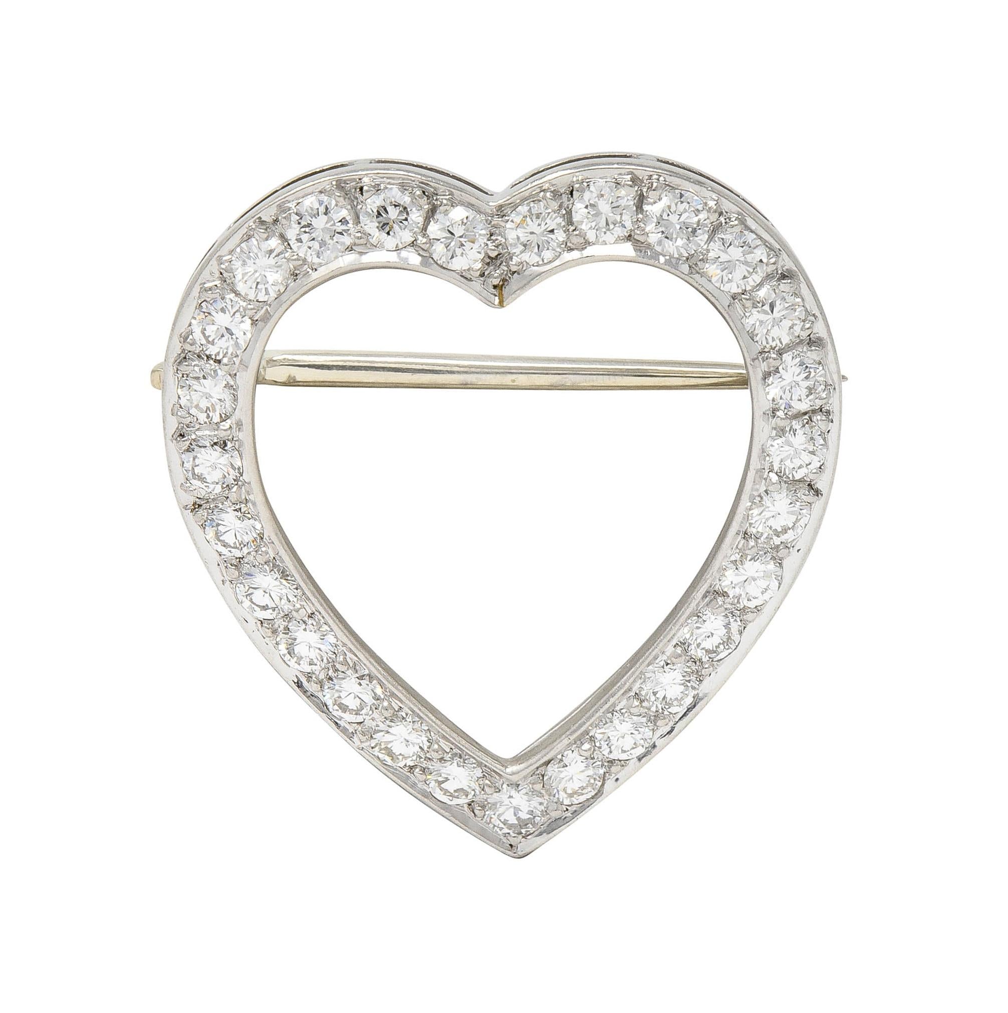 J.E. Caldwell Mid-Century 1.08 CTW Diamond Platinum Vintage Heart 1950's Brooch