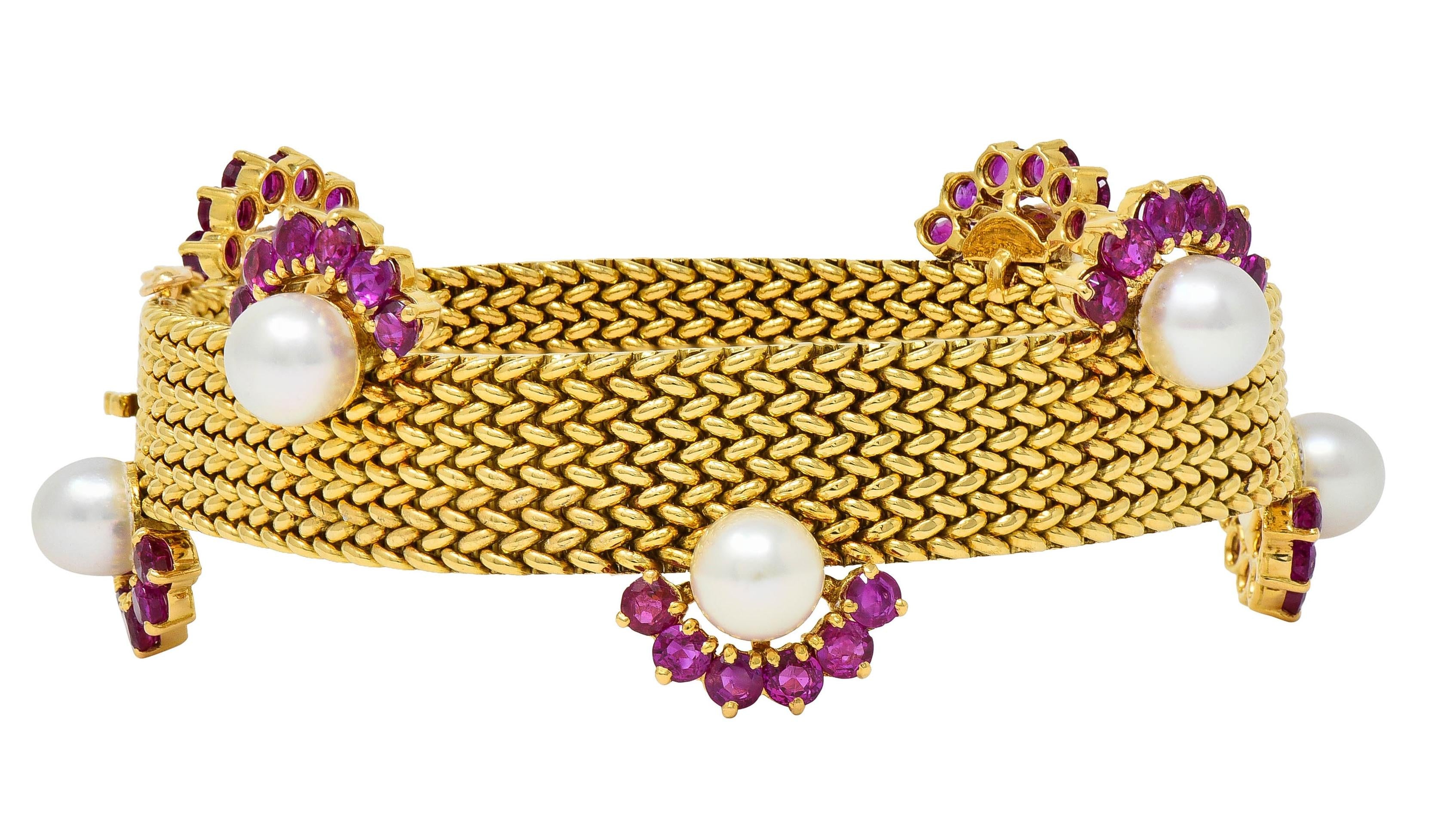 French 1960's Ruby Pearl 18 Karat Yellow Gold Woven Mesh Vintage Bracelet