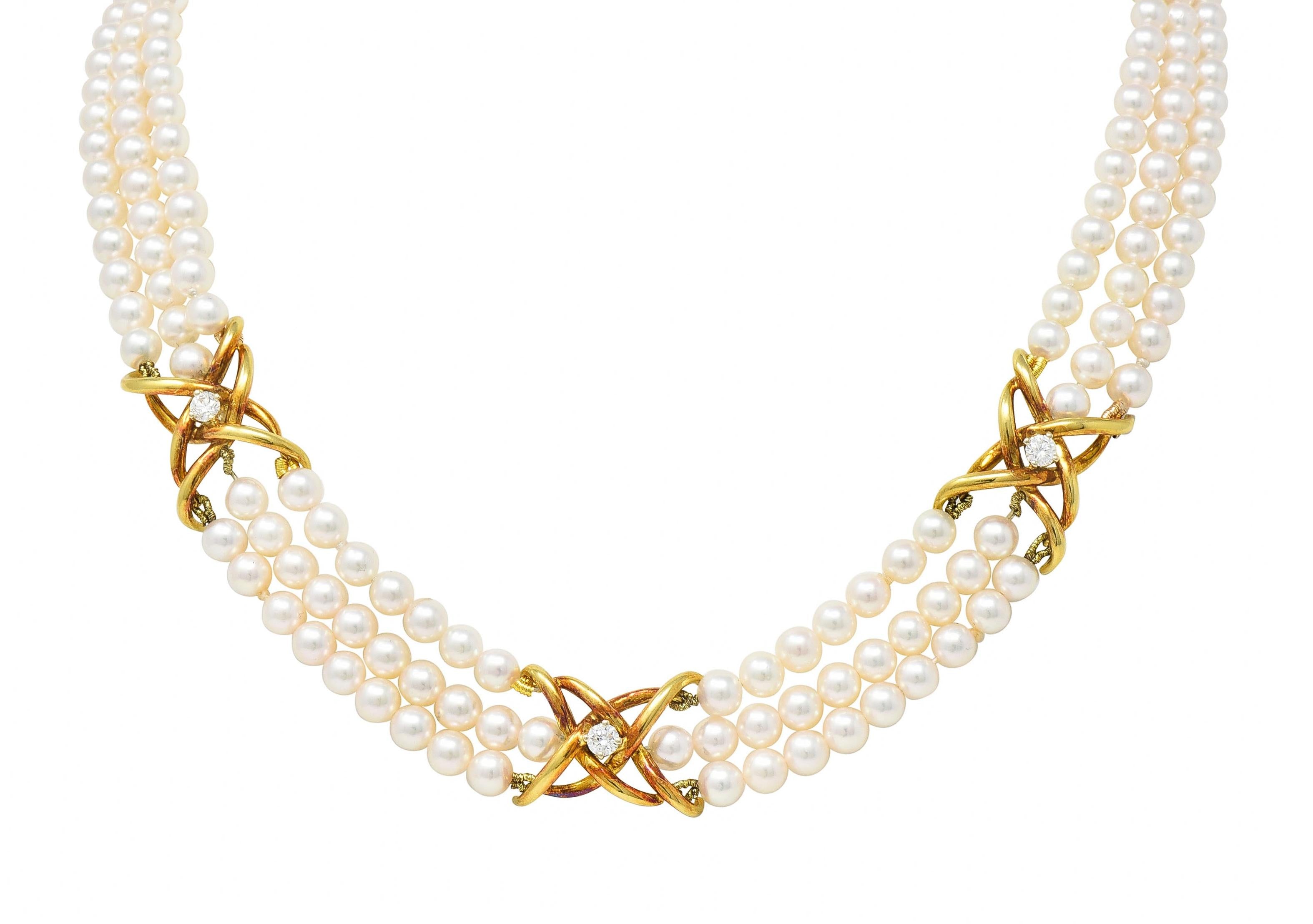 Tiffany & Co. 1980's Pearl Diamond 18 Karat Gold Vintage Multi-Strand Necklace