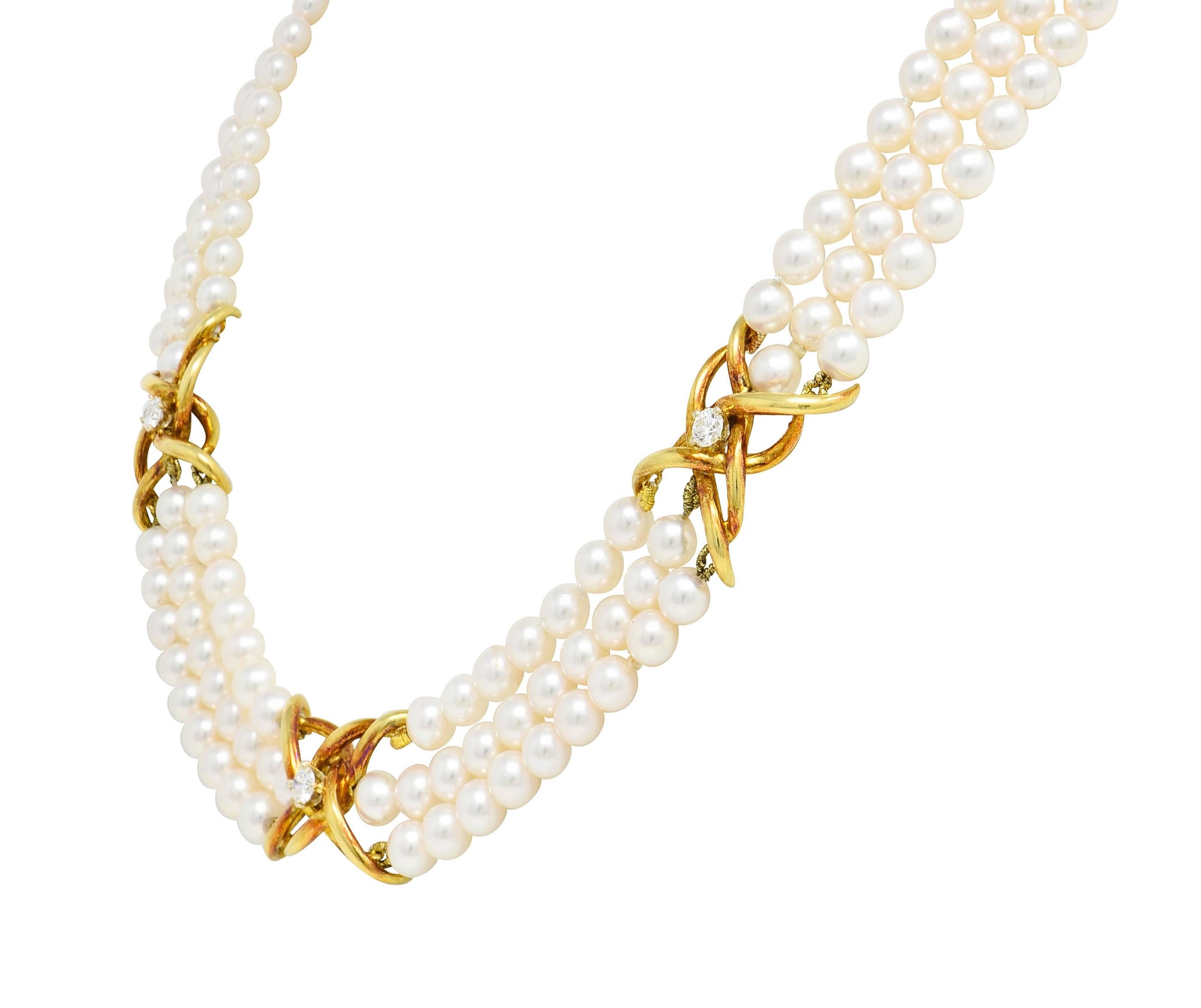 Tiffany & Co. 1980's Pearl Diamond 18 Karat Gold Vintage Multi-Strand Necklace