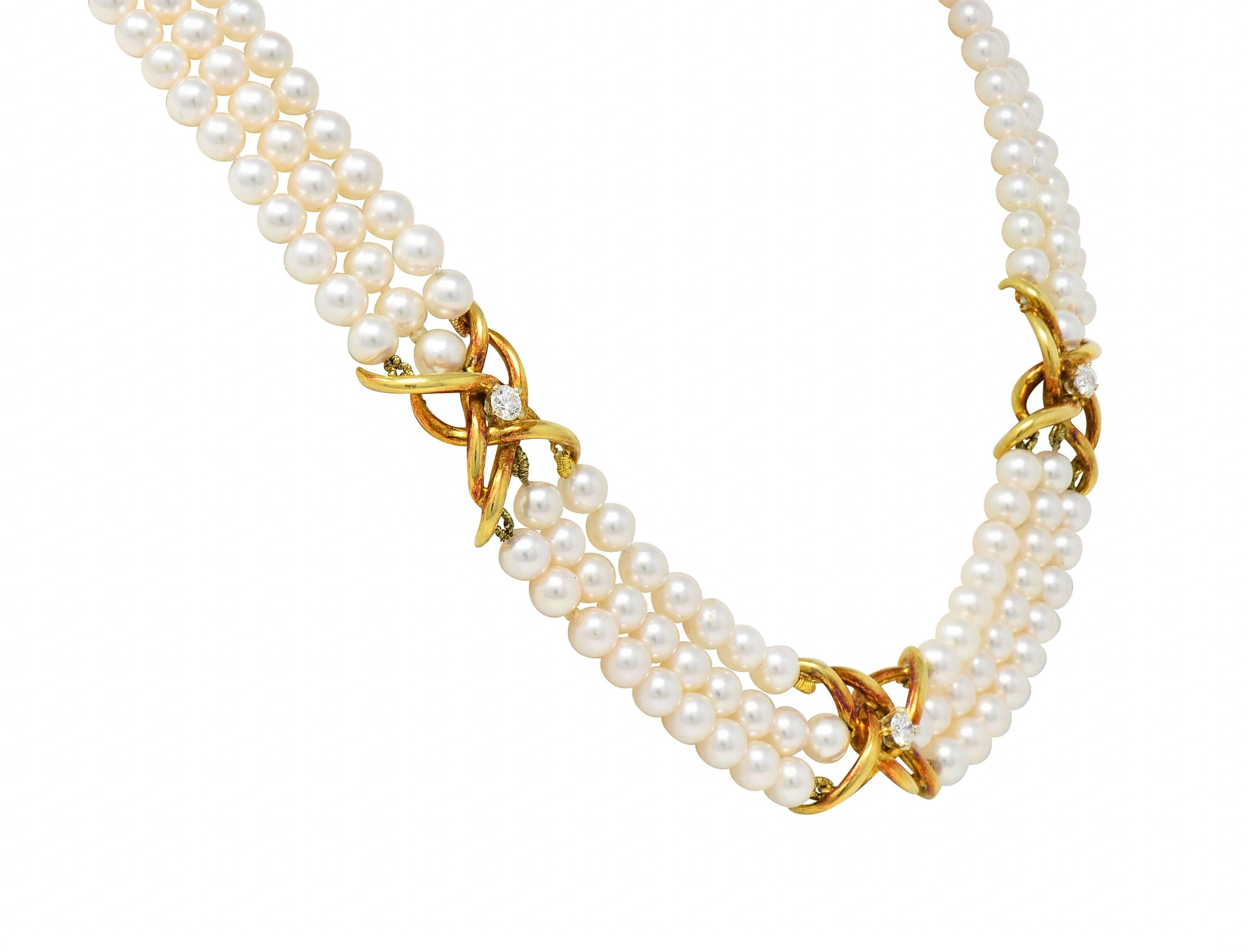 Tiffany & Co. 1980's Pearl Diamond 18 Karat Gold Vintage Multi-Strand Necklace