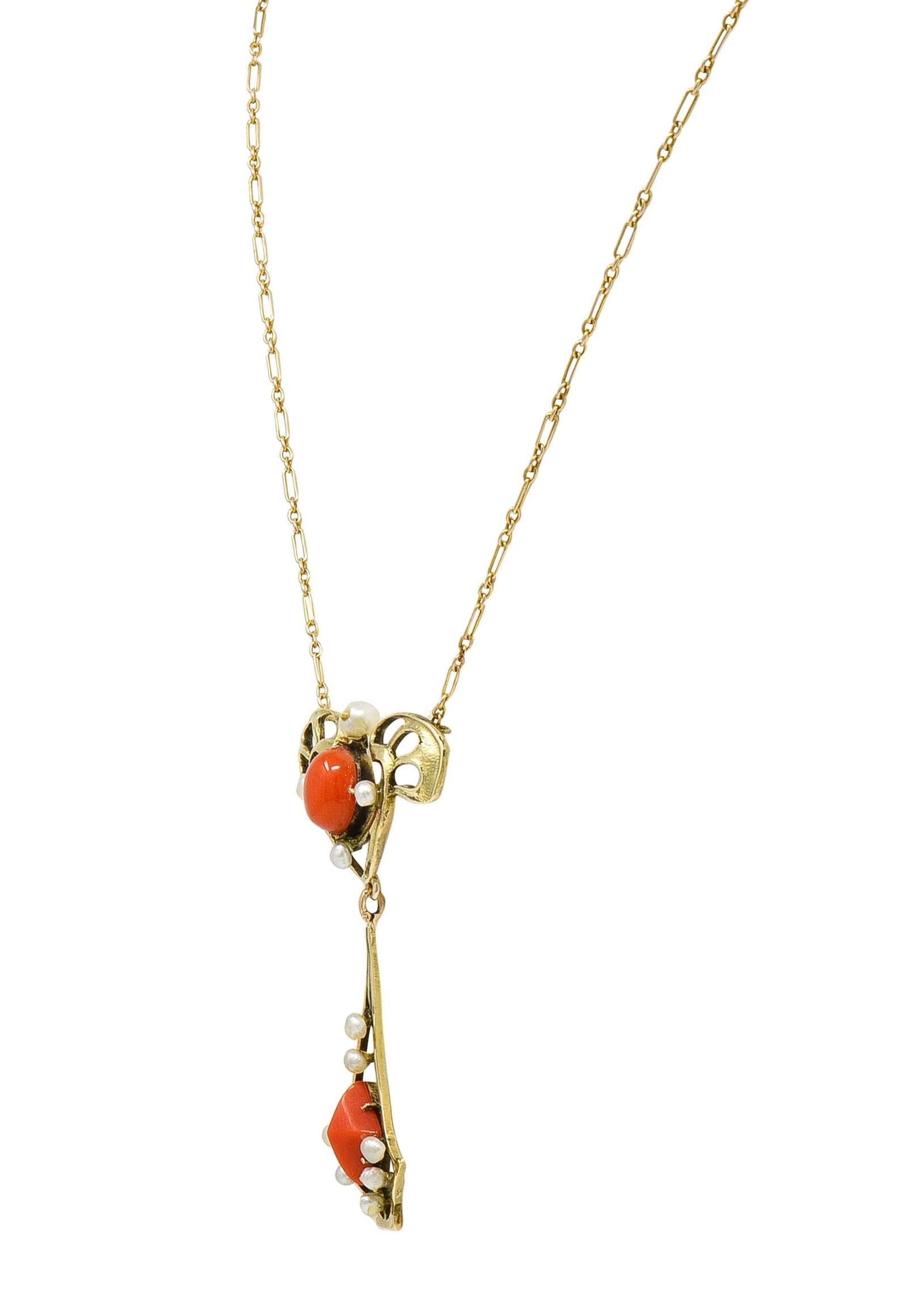 Art Nouveau Pearl Coral 14 Karat Yellow Gold Whiplash Antique Station Necklace