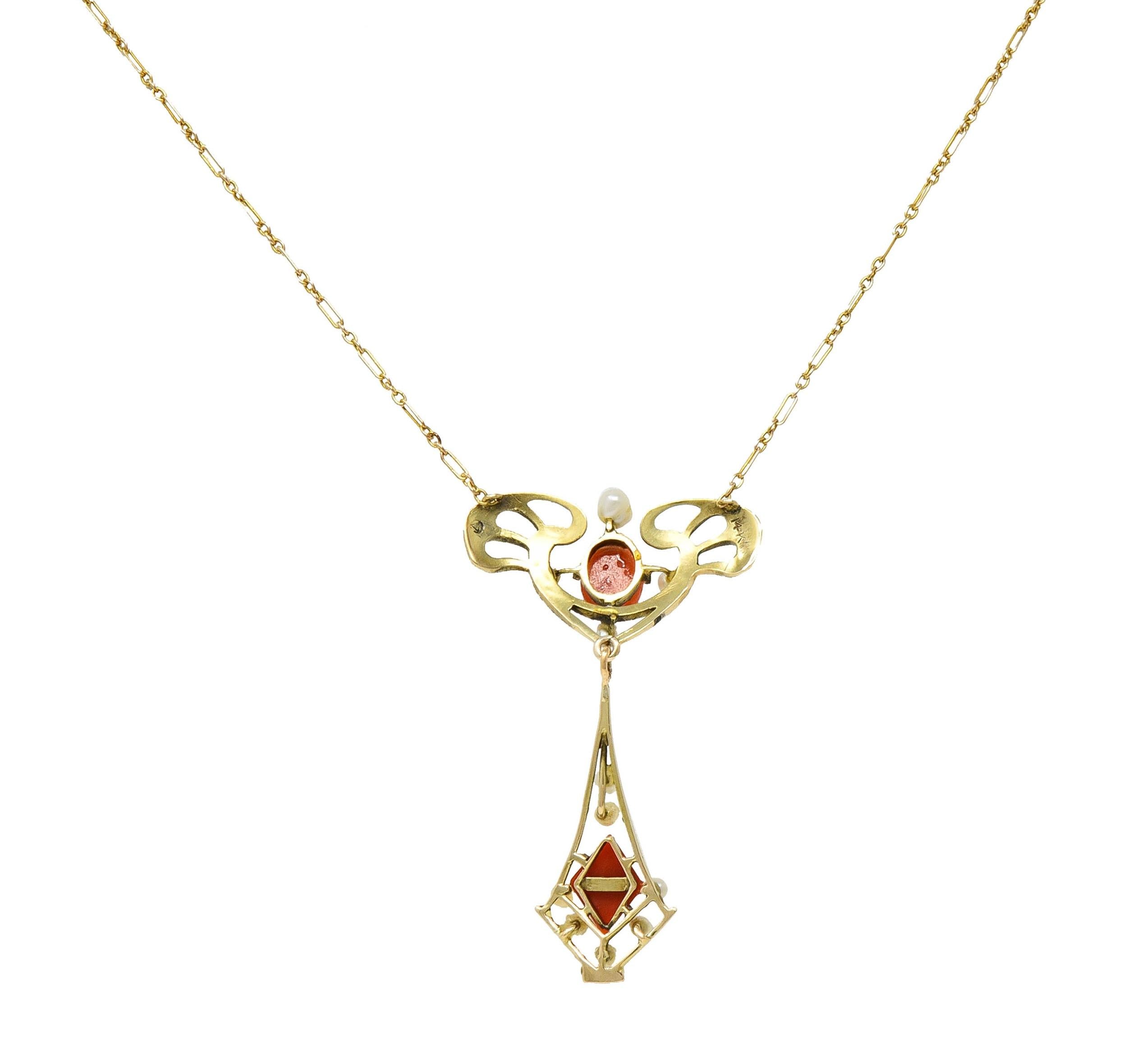 Art Nouveau Pearl Coral 14 Karat Yellow Gold Whiplash Antique Station Necklace