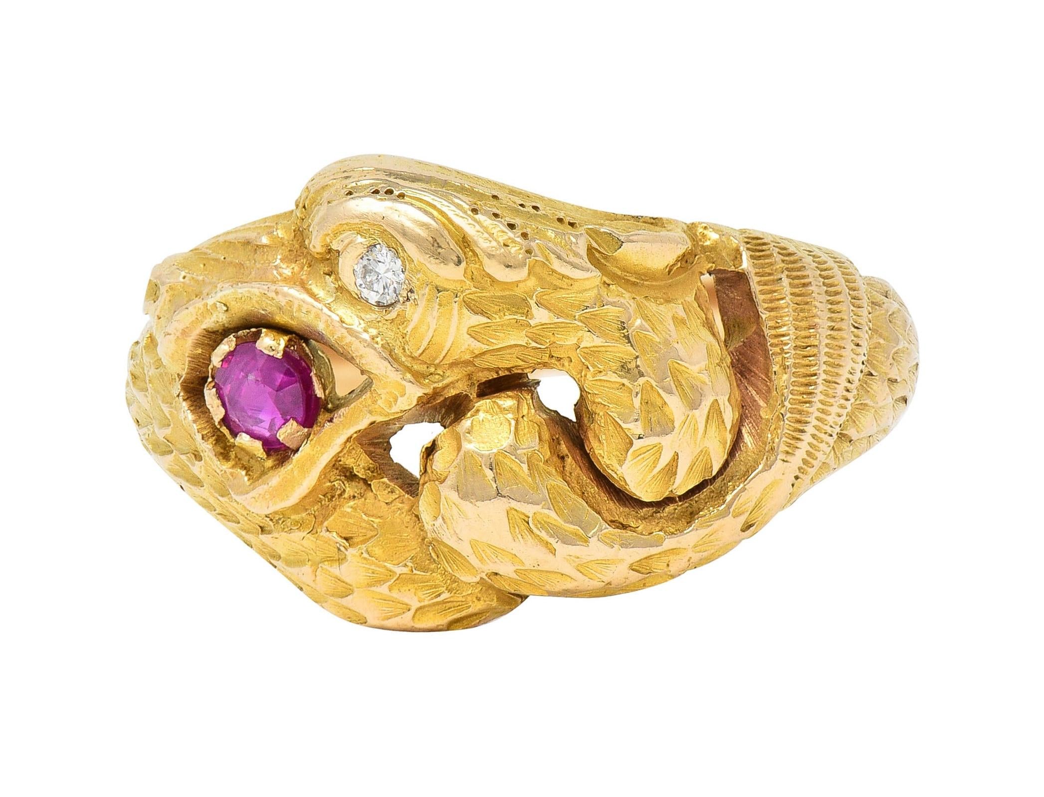 Victorian Ruby Diamond 14 Karat Yellow Gold Antique Unisex Griffin Ring