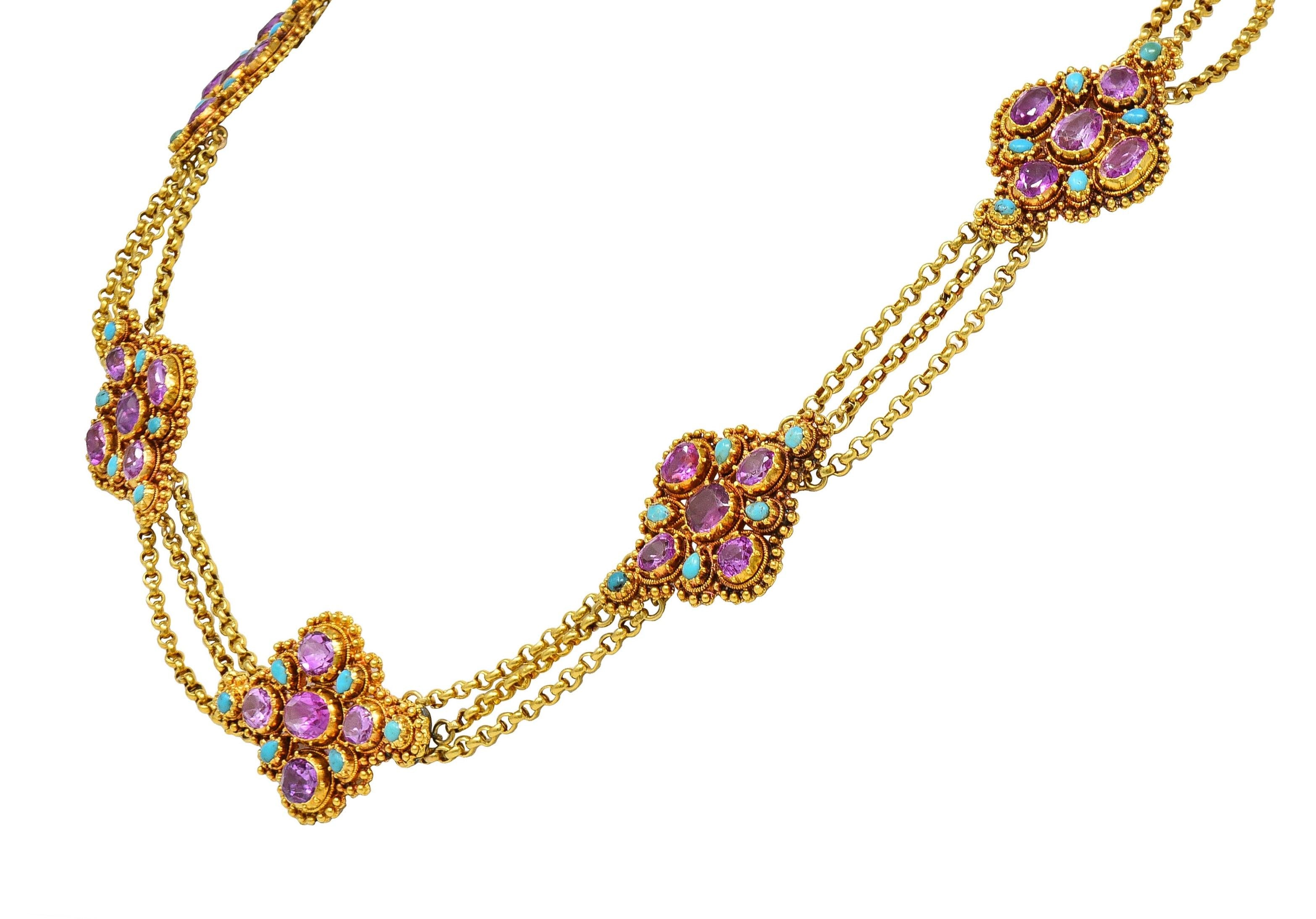 Victorian Etruscan Pink Sapphire Turquoise 18K Gold Antique Station Necklace