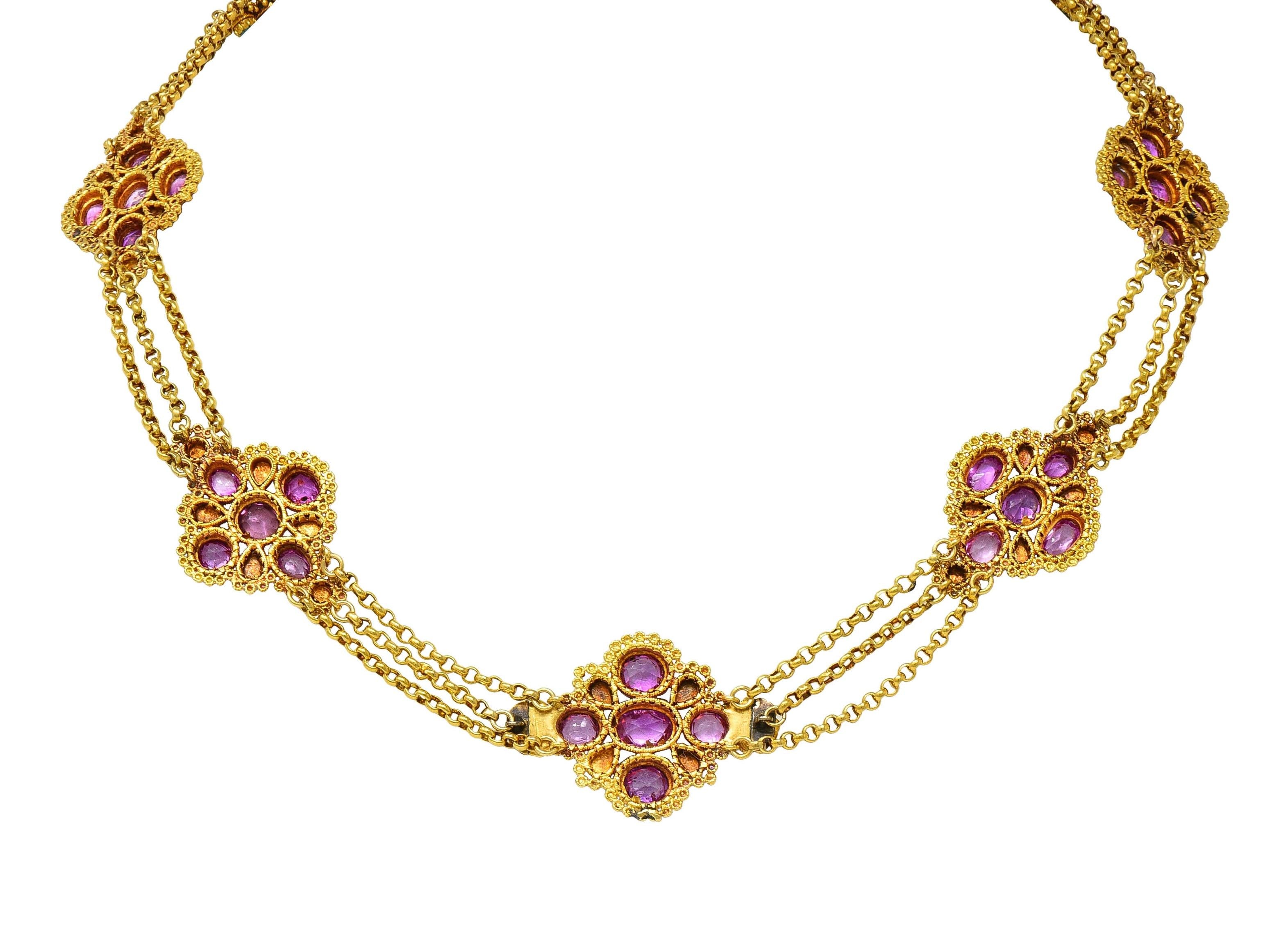 Victorian Etruscan Pink Sapphire Turquoise 18K Gold Antique Station Necklace