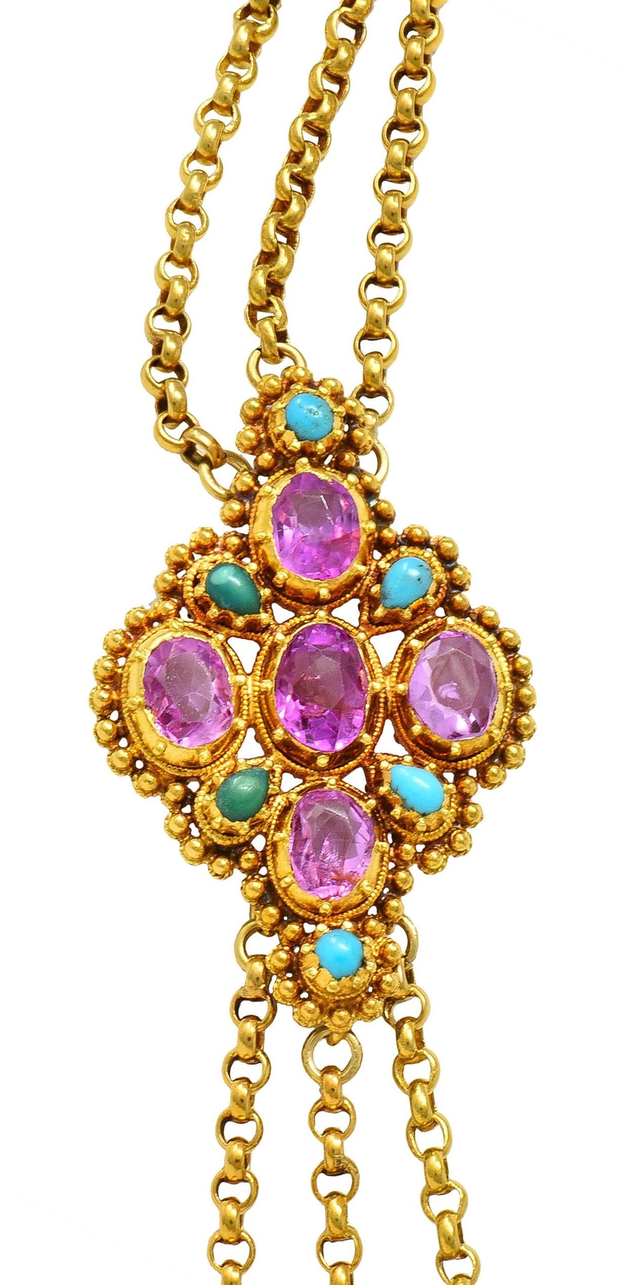 Victorian Etruscan Pink Sapphire Turquoise 18K Gold Antique Station Necklace