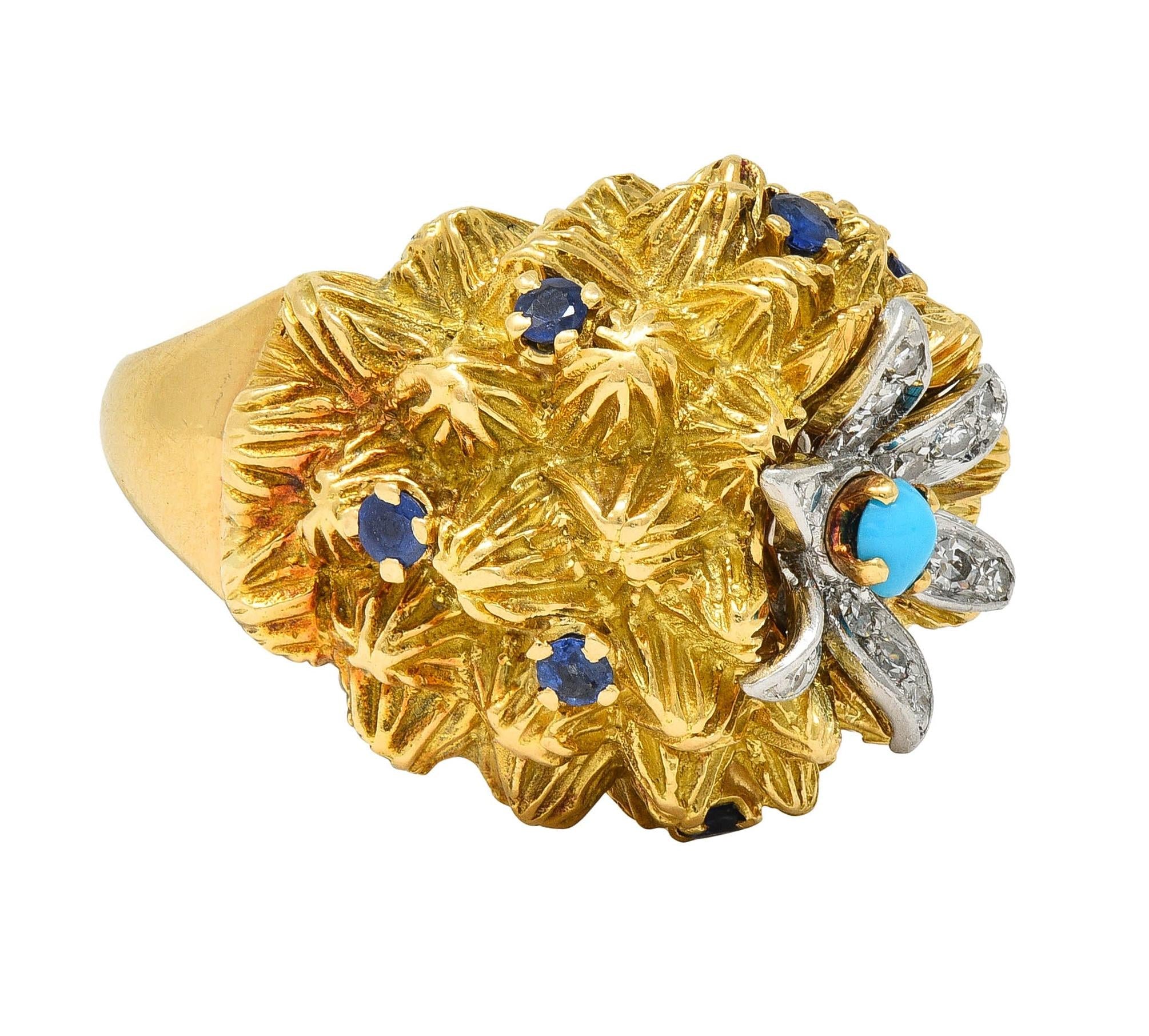 French Sapphire Diamond Turquoise Platinum 18 Karat Yellow Gold Cactus Ring