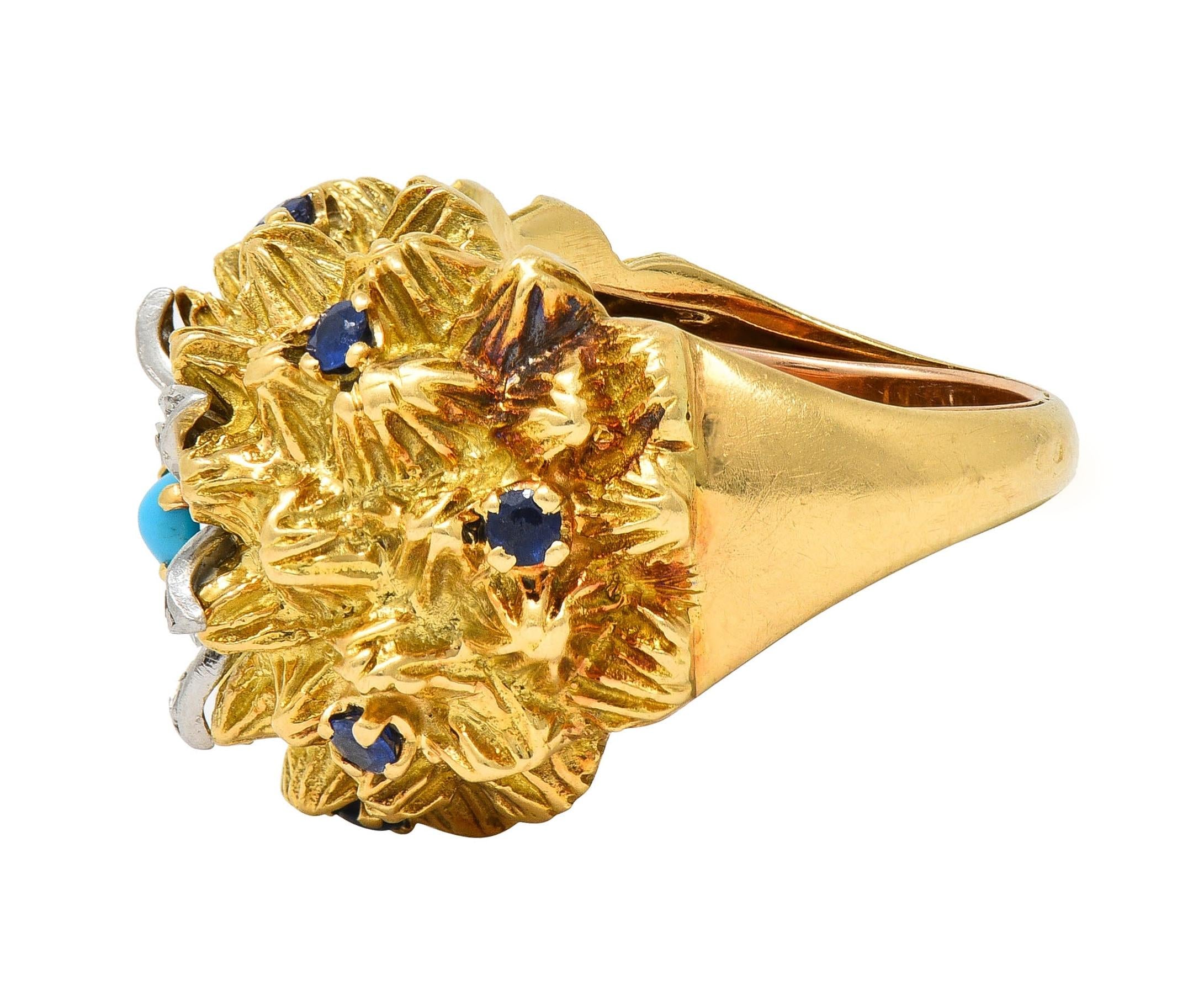 French Sapphire Diamond Turquoise Platinum 18 Karat Yellow Gold Cactus Ring