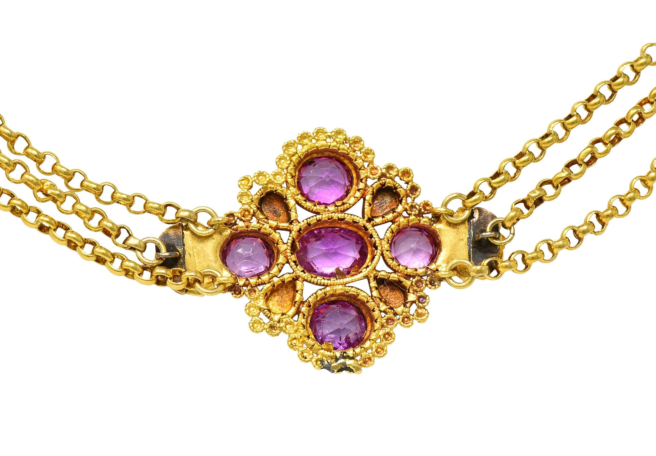 Victorian Etruscan Pink Sapphire Turquoise 18K Gold Antique Station Necklace