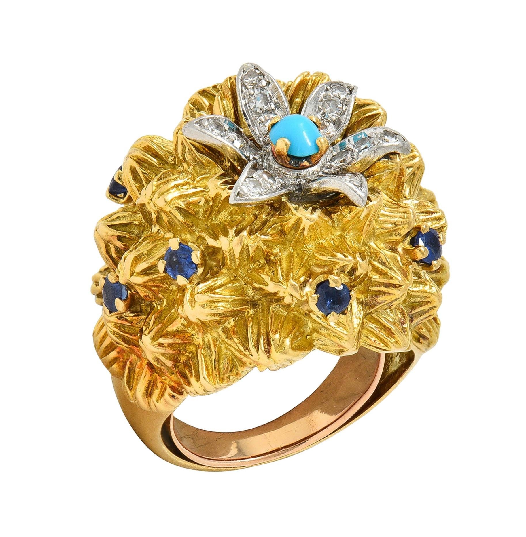 French Sapphire Diamond Turquoise Platinum 18 Karat Yellow Gold Cactus Ring