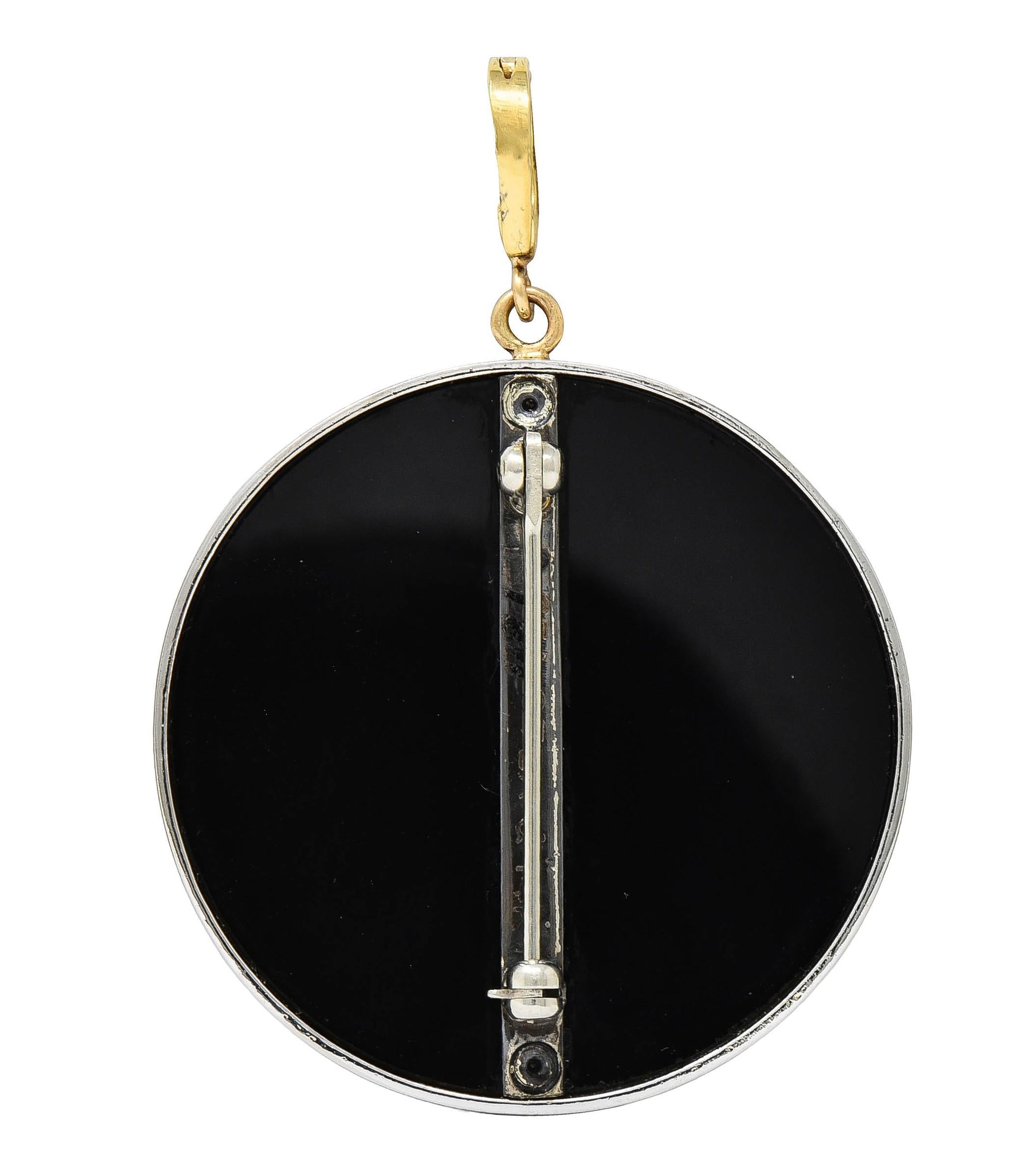 Erté 1980 Diamond Onyx Pearl 14K Gold Silver Love's Enchantment Pendant Brooch