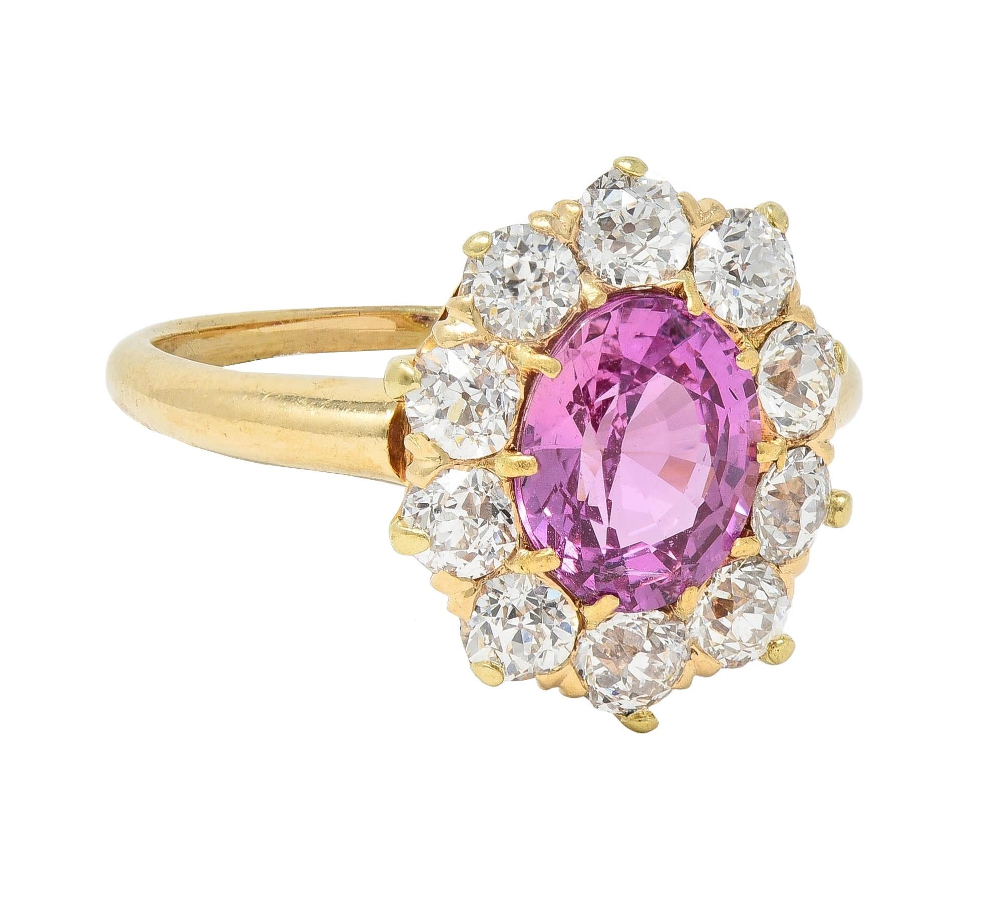 Vintage 2.46 CTW No Heat Pink Sapphire Diamond 14 Karat Gold Halo Ring GIA