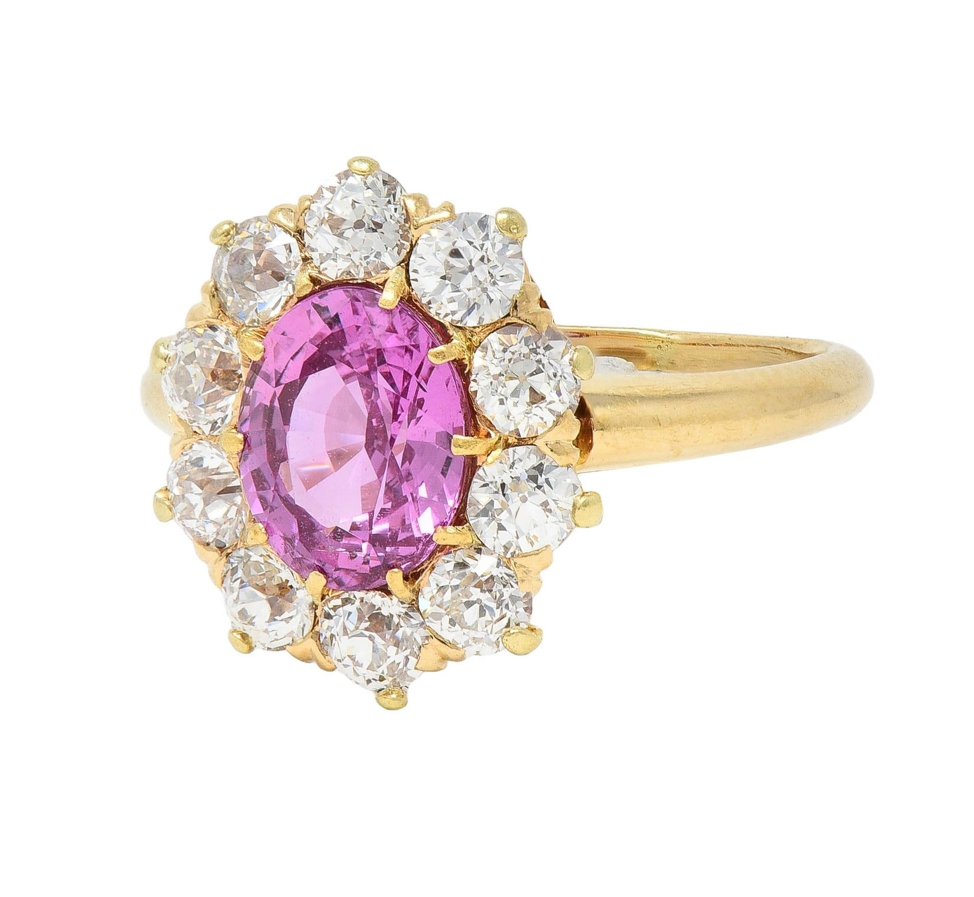 Vintage 2.46 CTW No Heat Pink Sapphire Diamond 14 Karat Gold Halo Ring GIA