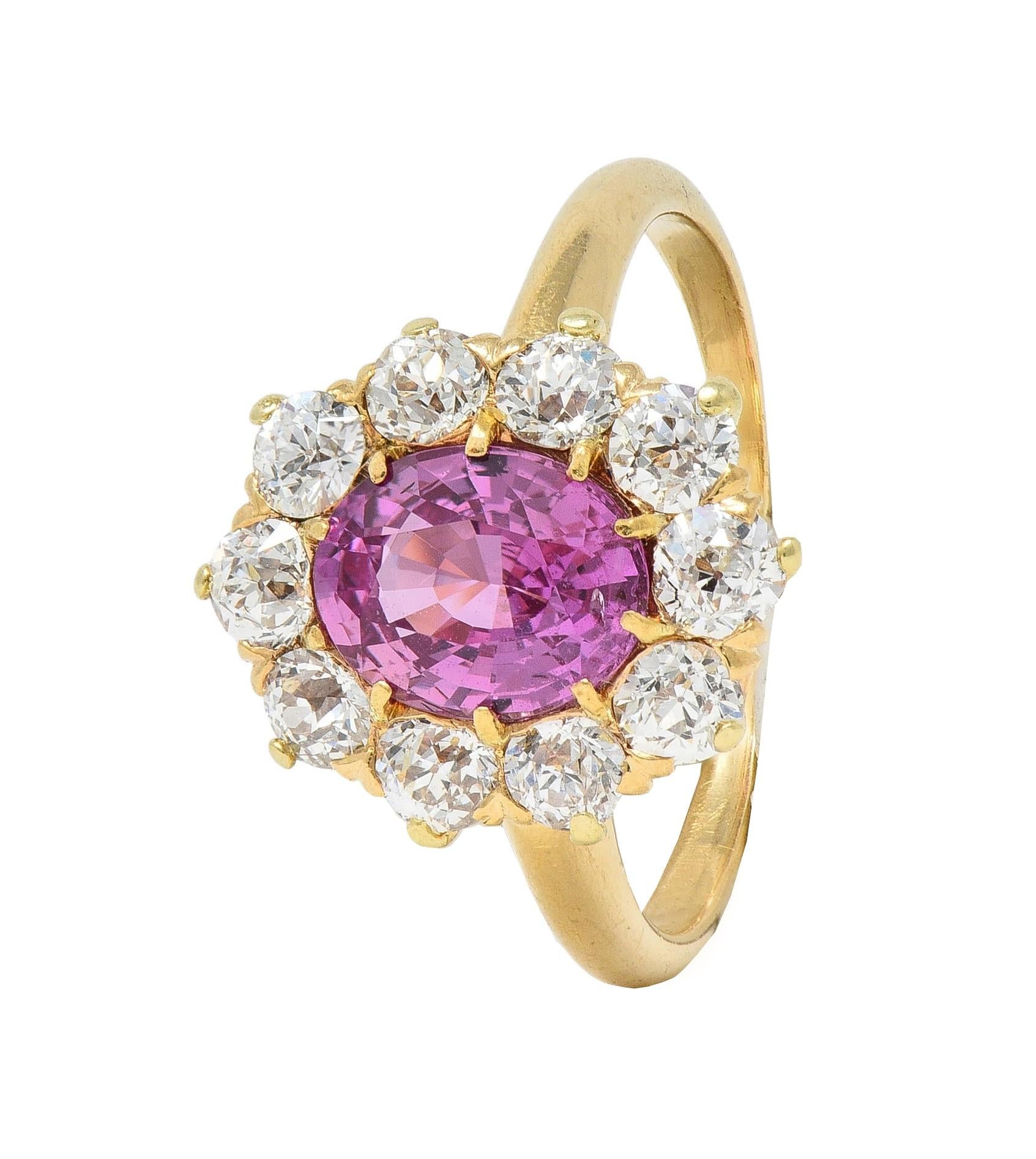 Vintage 2.46 CTW No Heat Pink Sapphire Diamond 14 Karat Gold Halo Ring GIA