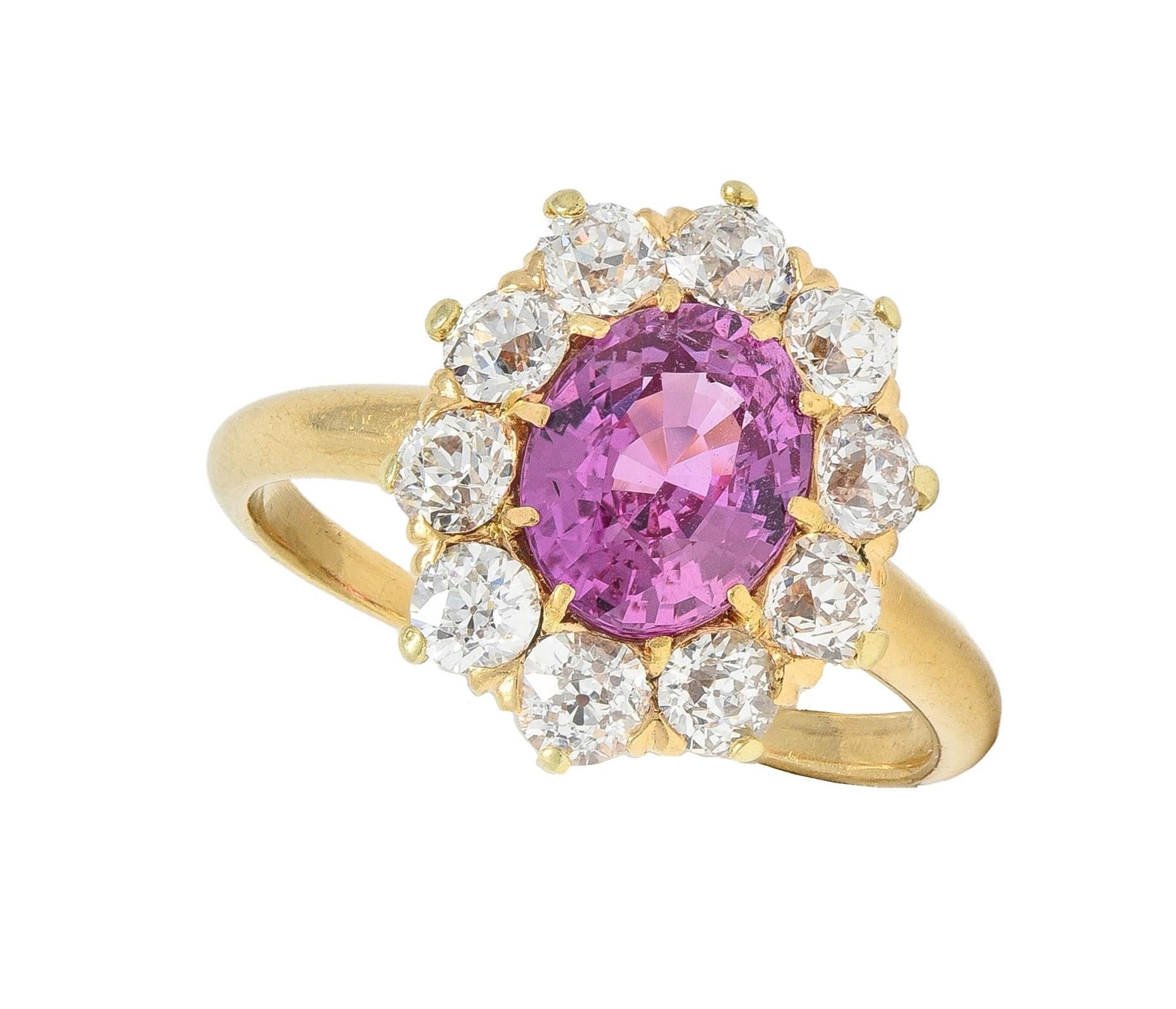 Vintage 2.46 CTW No Heat Pink Sapphire Diamond 14 Karat Gold Halo Ring GIA