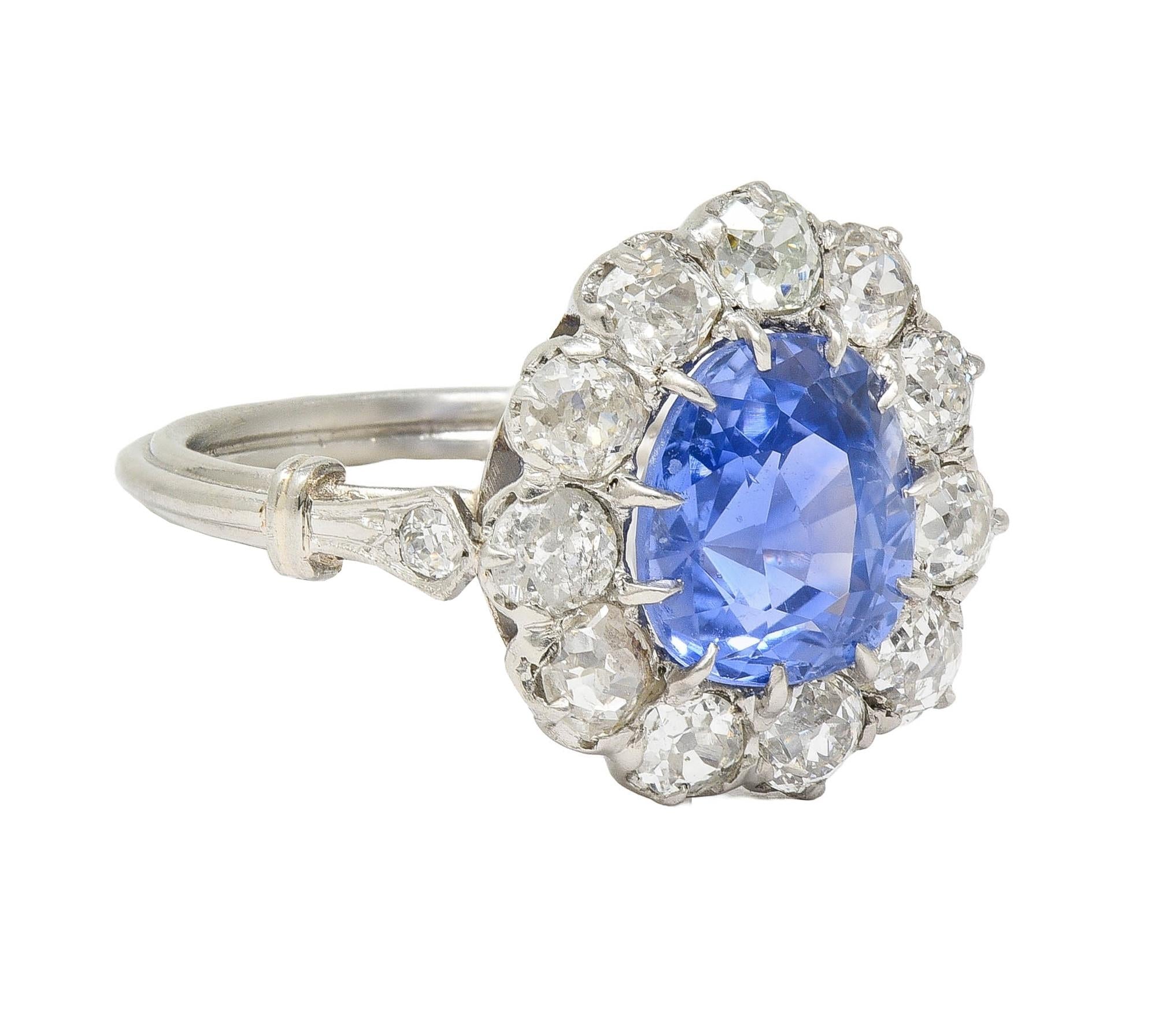 Art Deco 4.14 CTW No Heat Ceylon Sapphire Diamond Platinum Vintage Halo Ring GIA