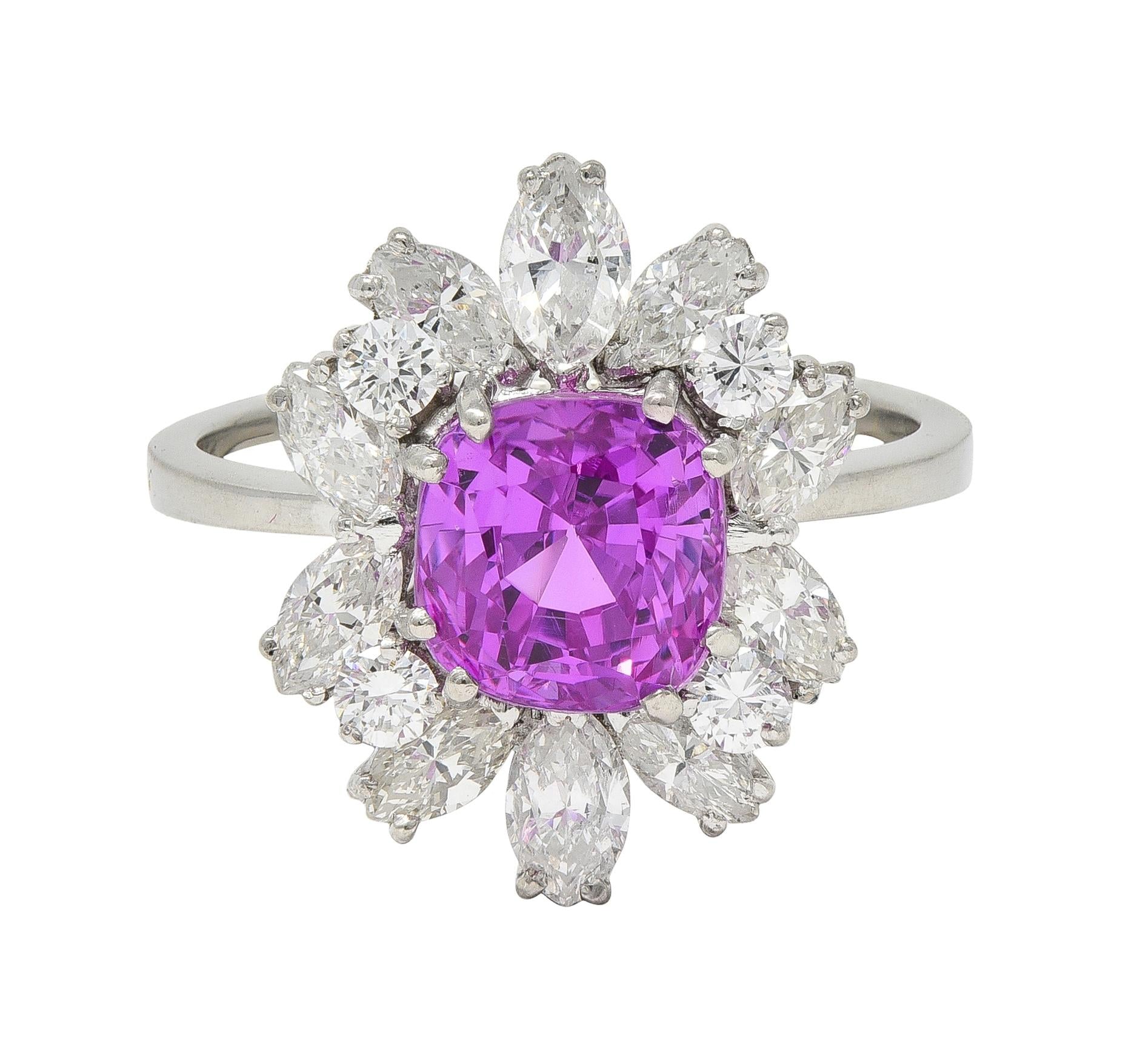 1950's 5.44 CTW Ceylon Pink Sapphire Diamond Platinum Vintage Cluster Ring GIA