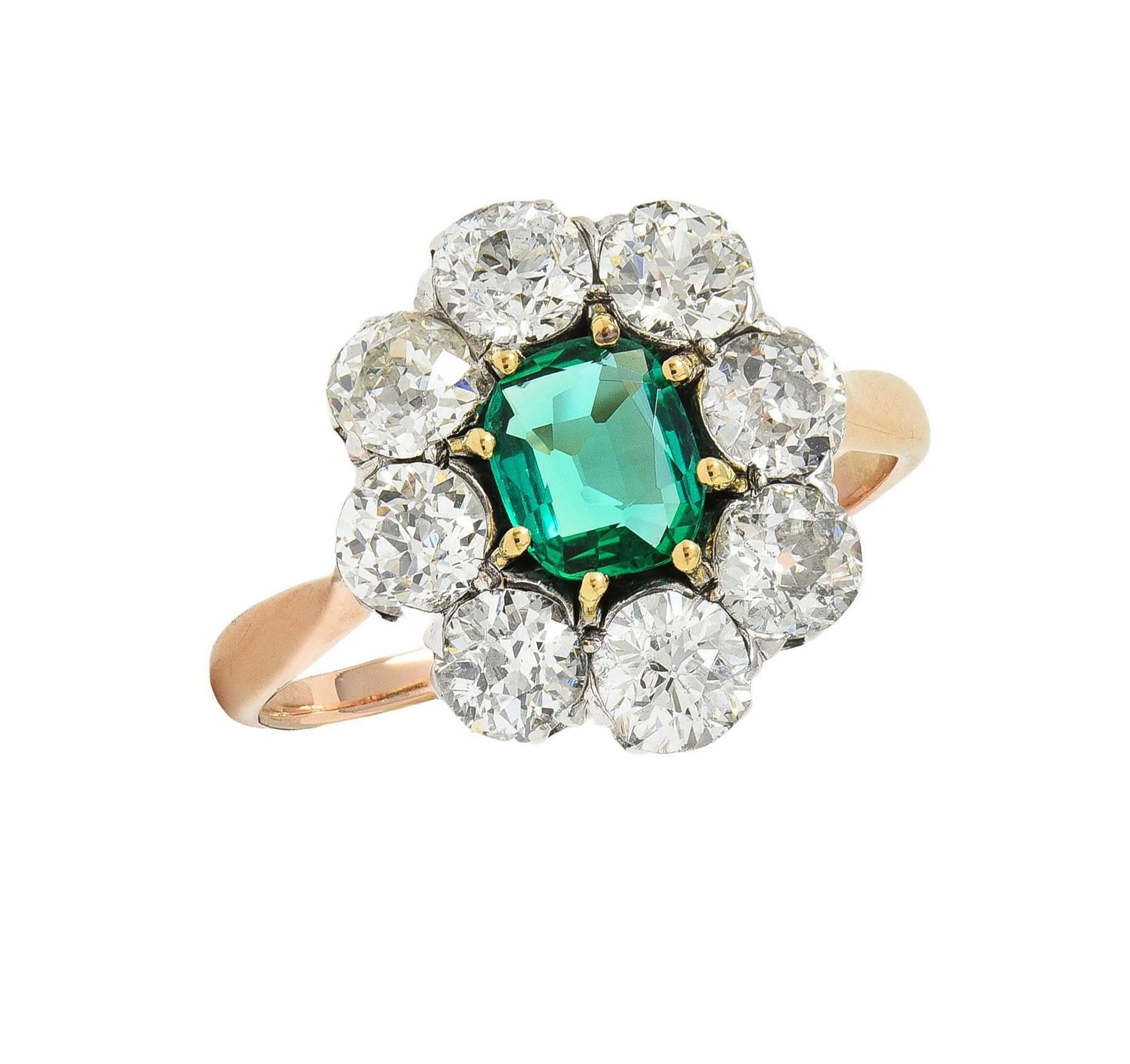 Victorian 2.69 CTW No Oil Colombian Emerald Diamond 14K Gold Antique Ring