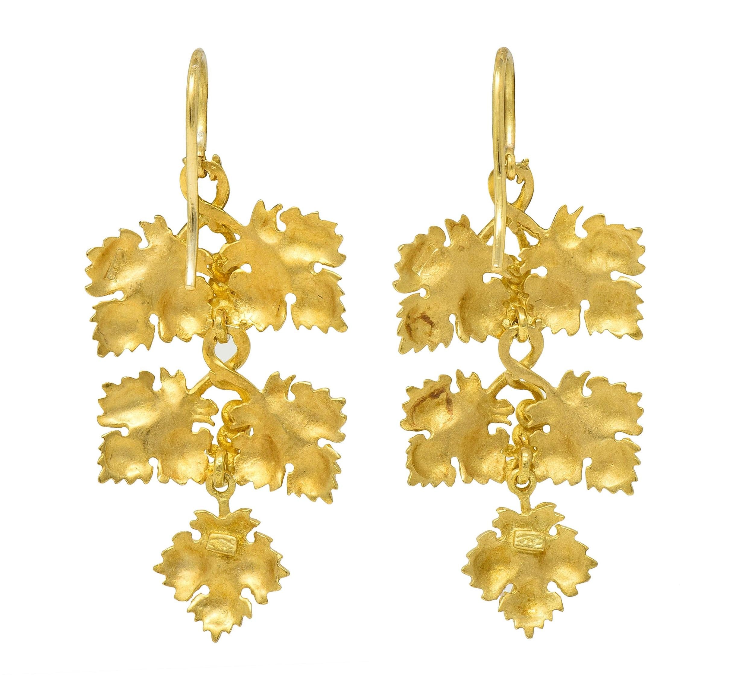 1950's Diamond 18 Karat Yellow Gold Grapevine Vintage Drop Earrings