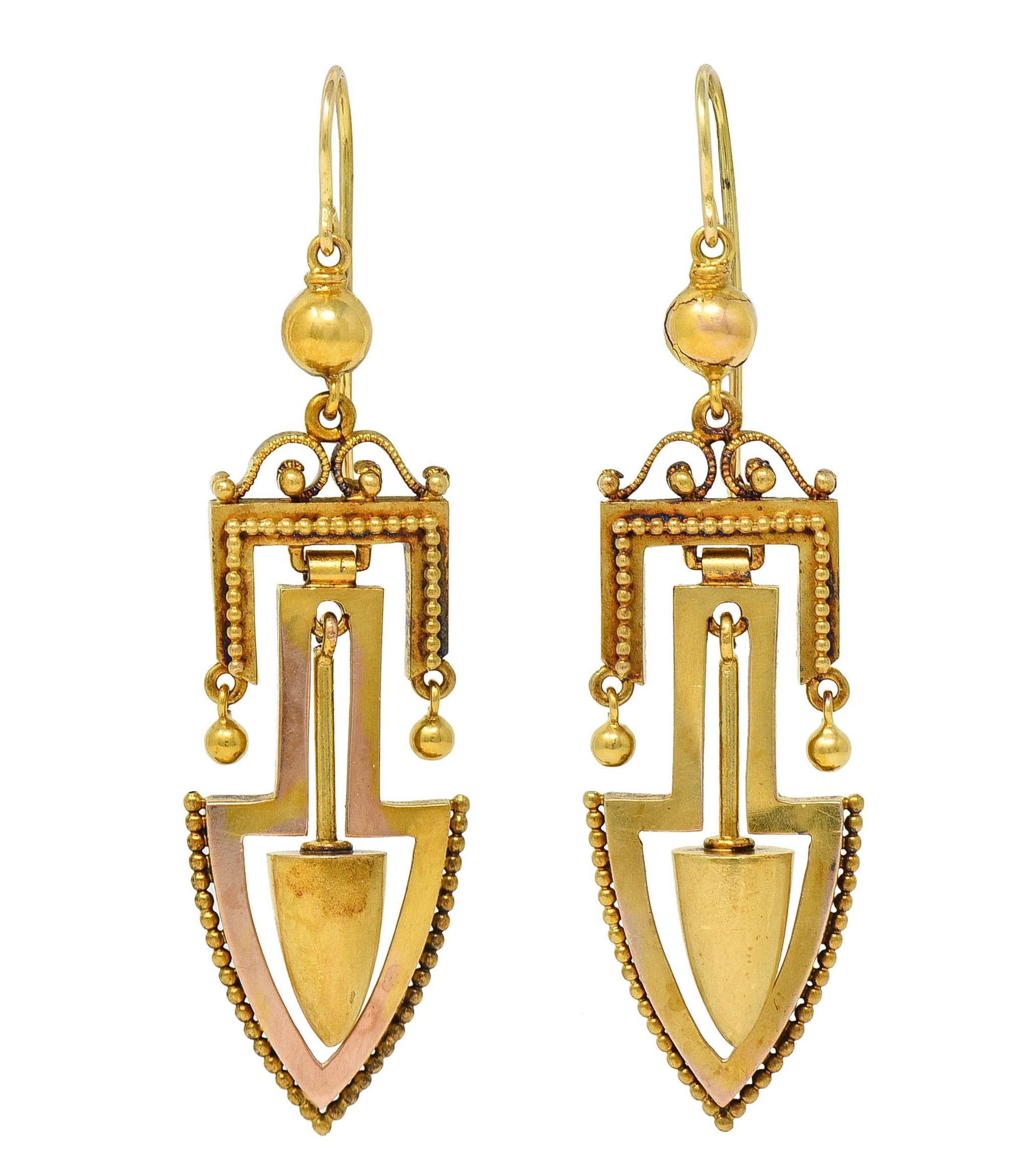 Victorian Etruscan Revival 14 Karat Yellow Gold Arrow Antique Drop Earrings