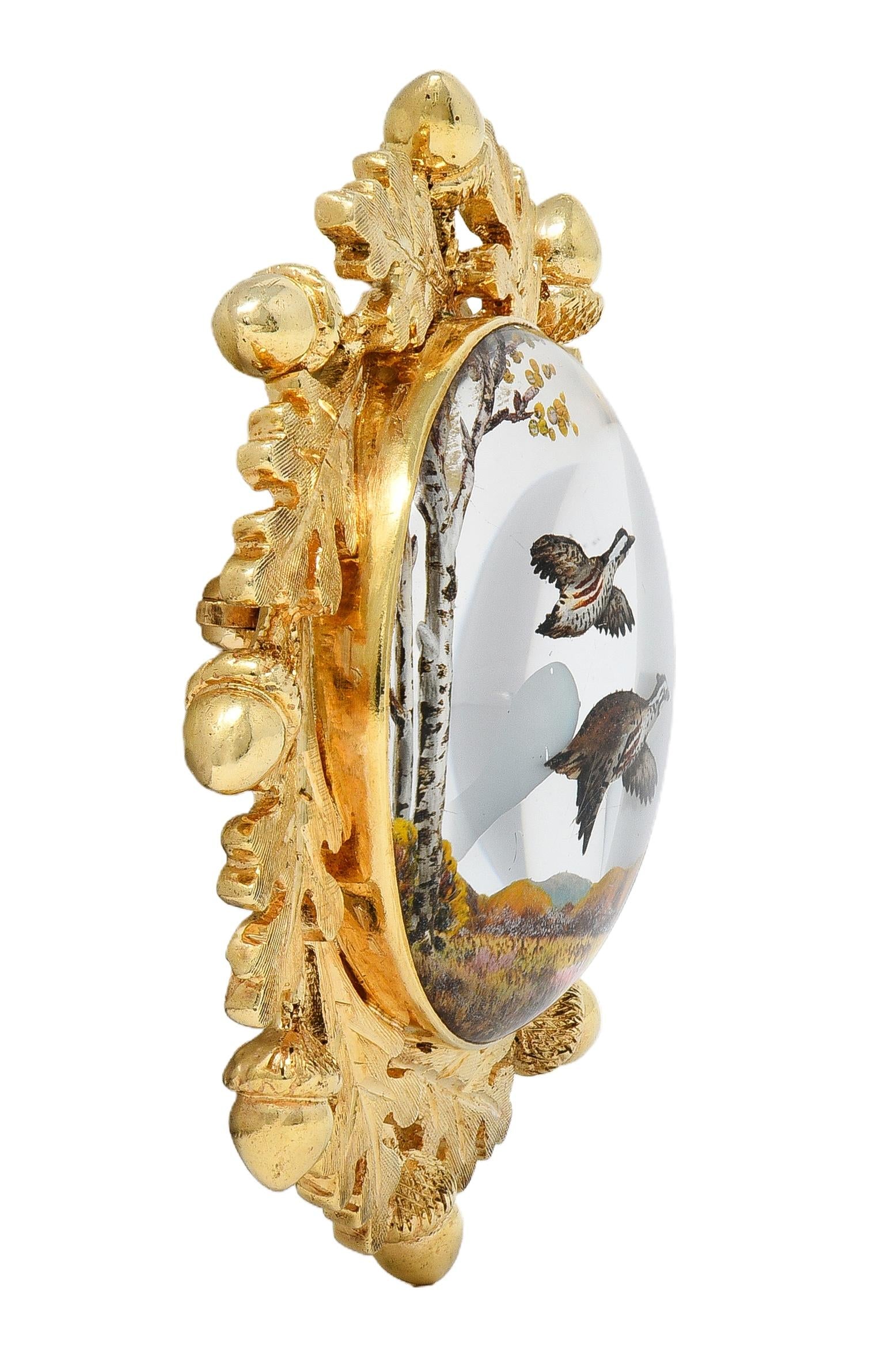 Edwardian Reverse Carved Essex Crystal 14K Gold Quail Acorn Antique Brooch