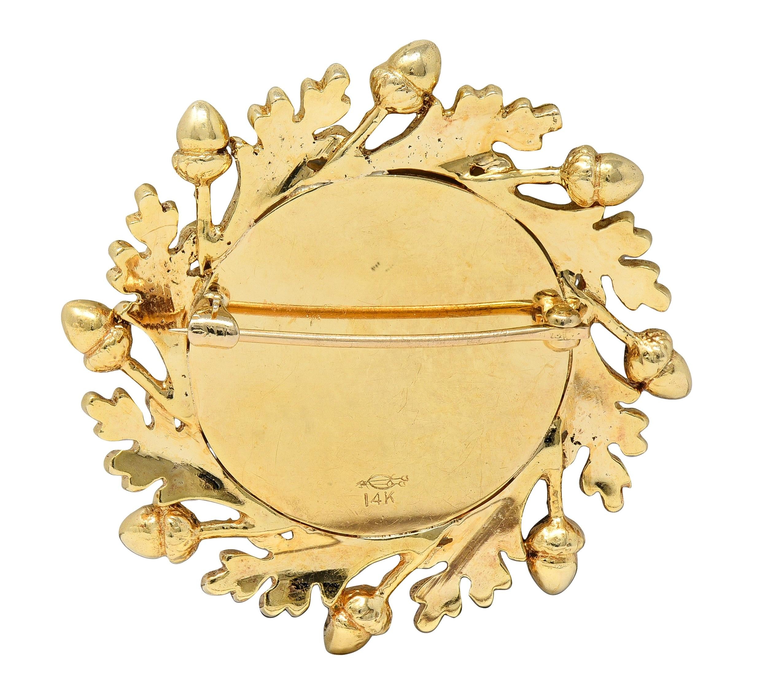Edwardian Reverse Carved Essex Crystal 14K Gold Quail Acorn Antique Brooch