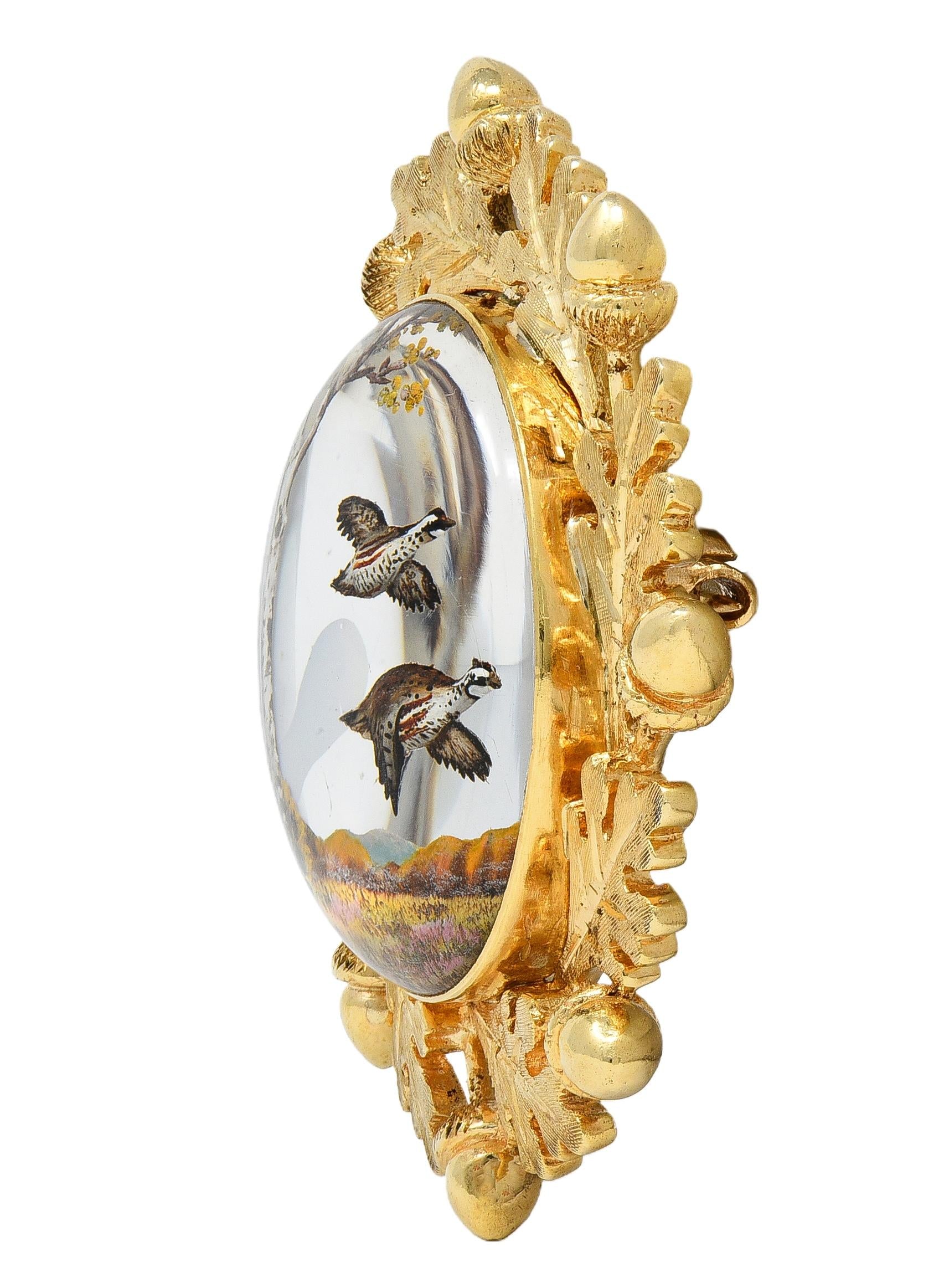 Edwardian Reverse Carved Essex Crystal 14K Gold Quail Acorn Antique Brooch