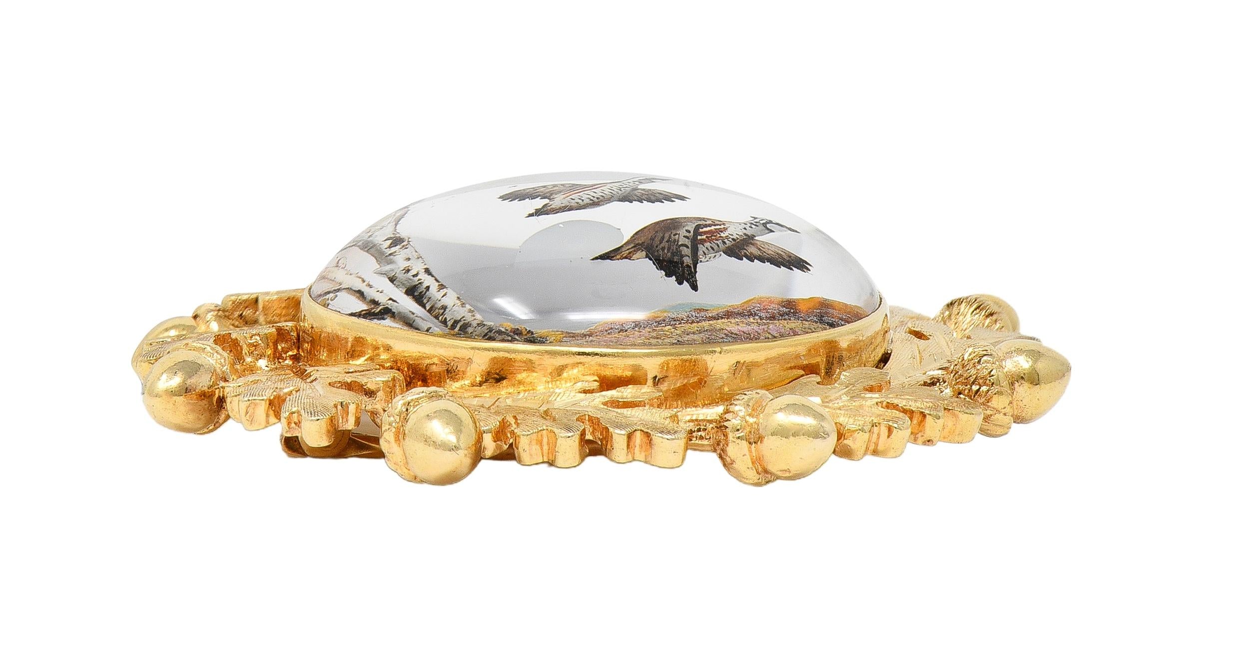 Edwardian Reverse Carved Essex Crystal 14K Gold Quail Acorn Antique Brooch