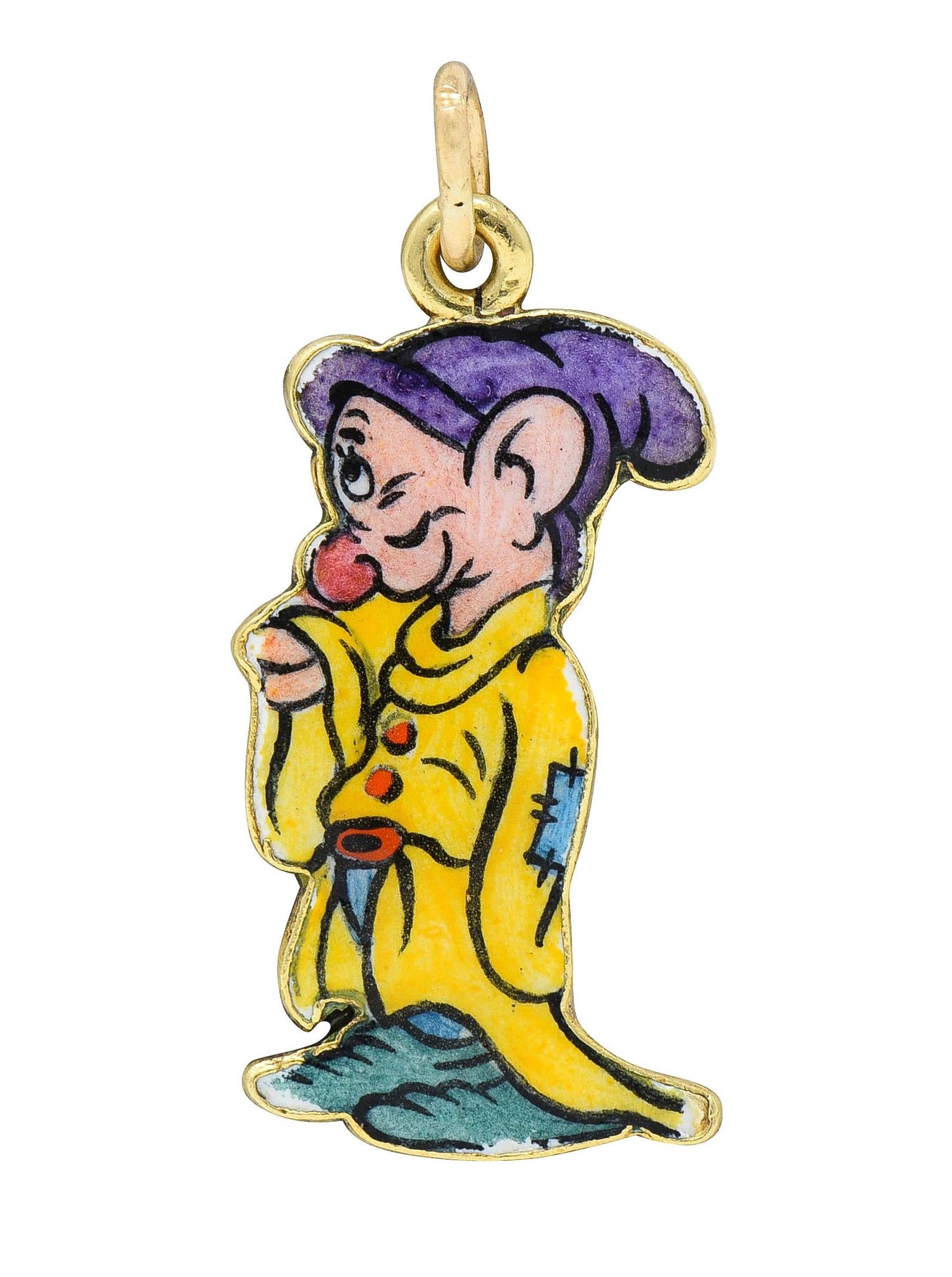 Art Deco Enamel 14 Karat Gold Dopey Snow White Seven Dwarfs Vintage Disney Charm