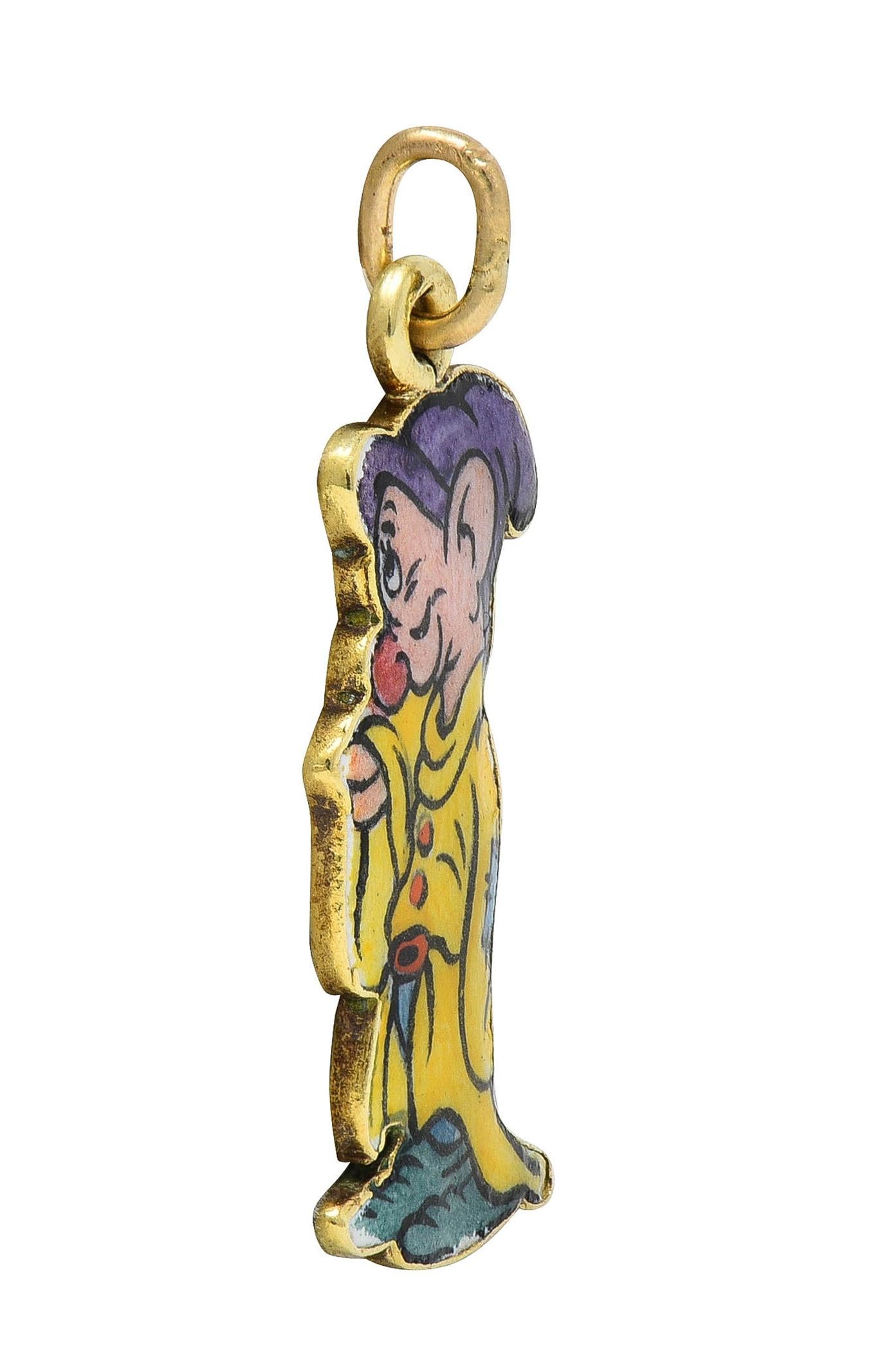 Art Deco Enamel 14 Karat Gold Dopey Snow White Seven Dwarfs Vintage Disney Charm