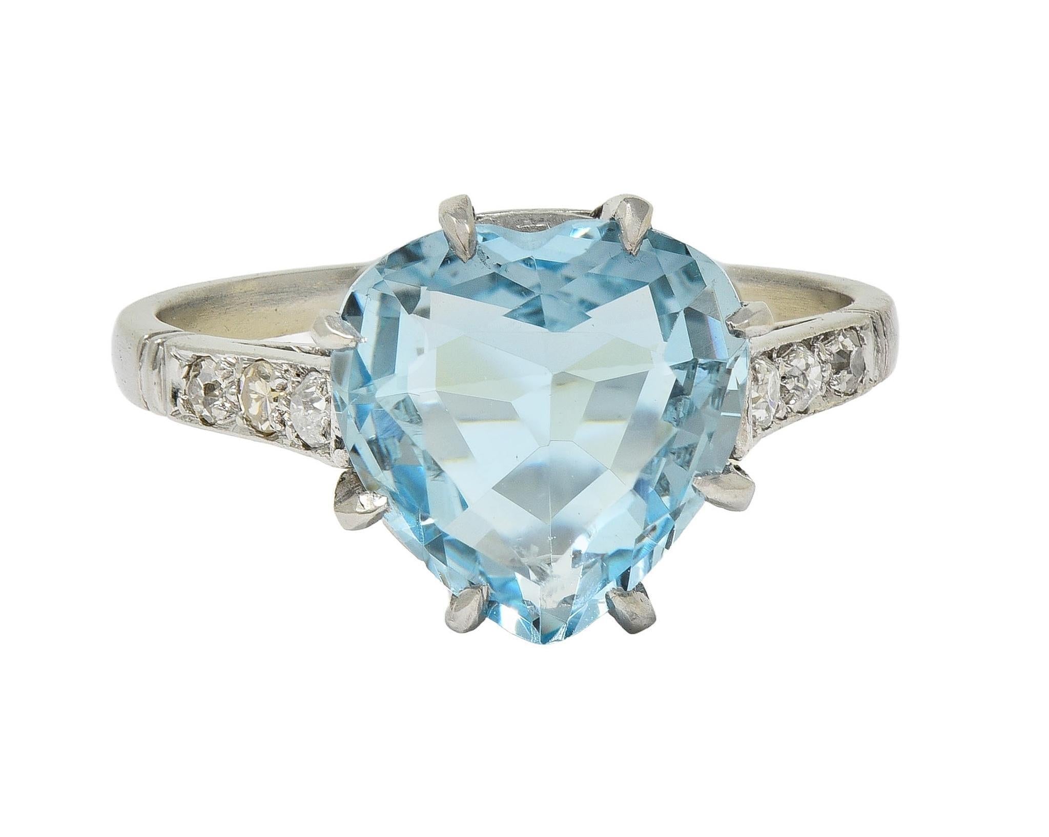 Mid-Century 2.78 CTW Aquamarine Diamond Platinum Vintage Heart Ring