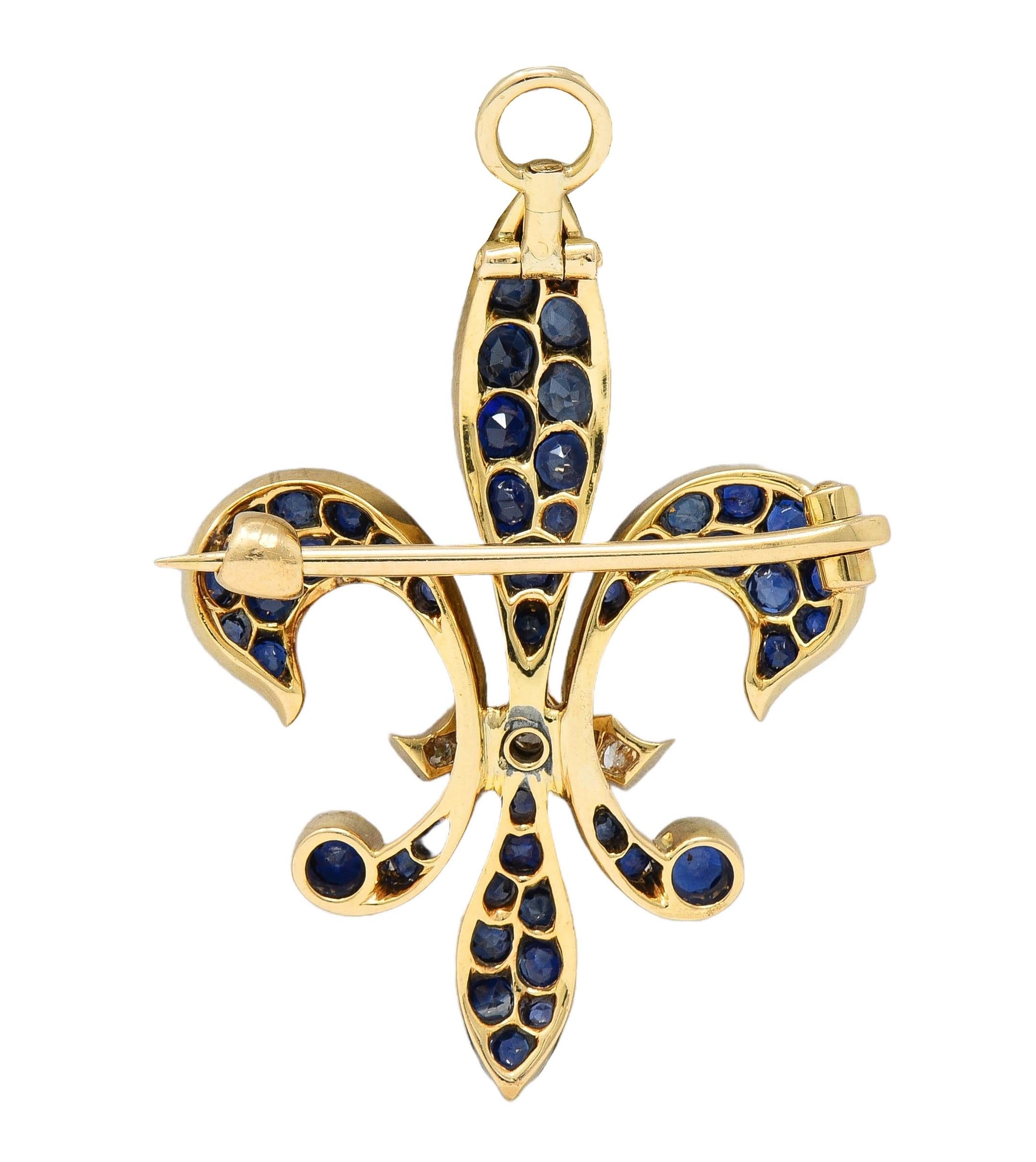 Victorian 2.80 CTW Sapphire Diamond 14K Gold Antique Fleur-De-Lis Pendant Brooch