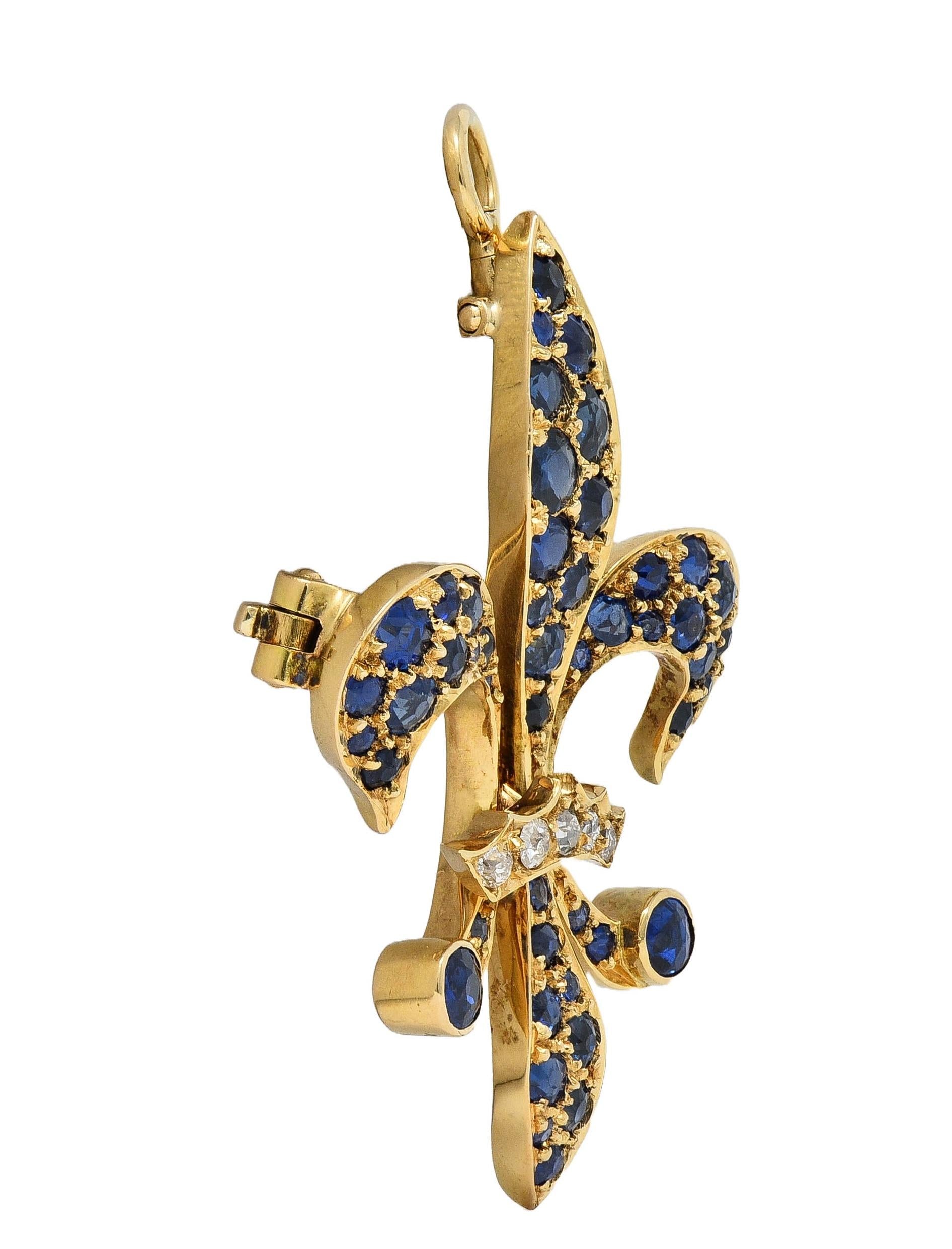 Victorian 2.80 CTW Sapphire Diamond 14K Gold Antique Fleur-De-Lis Pendant Brooch