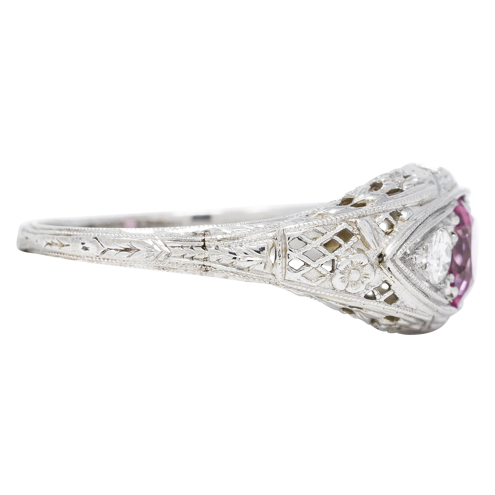 Art Deco 0.80 CTW Oval Cut Pink Sapphire Diamond 18 Karat White Gold Floral Garland Three Stone Ring Wilson's Estate Jewelry