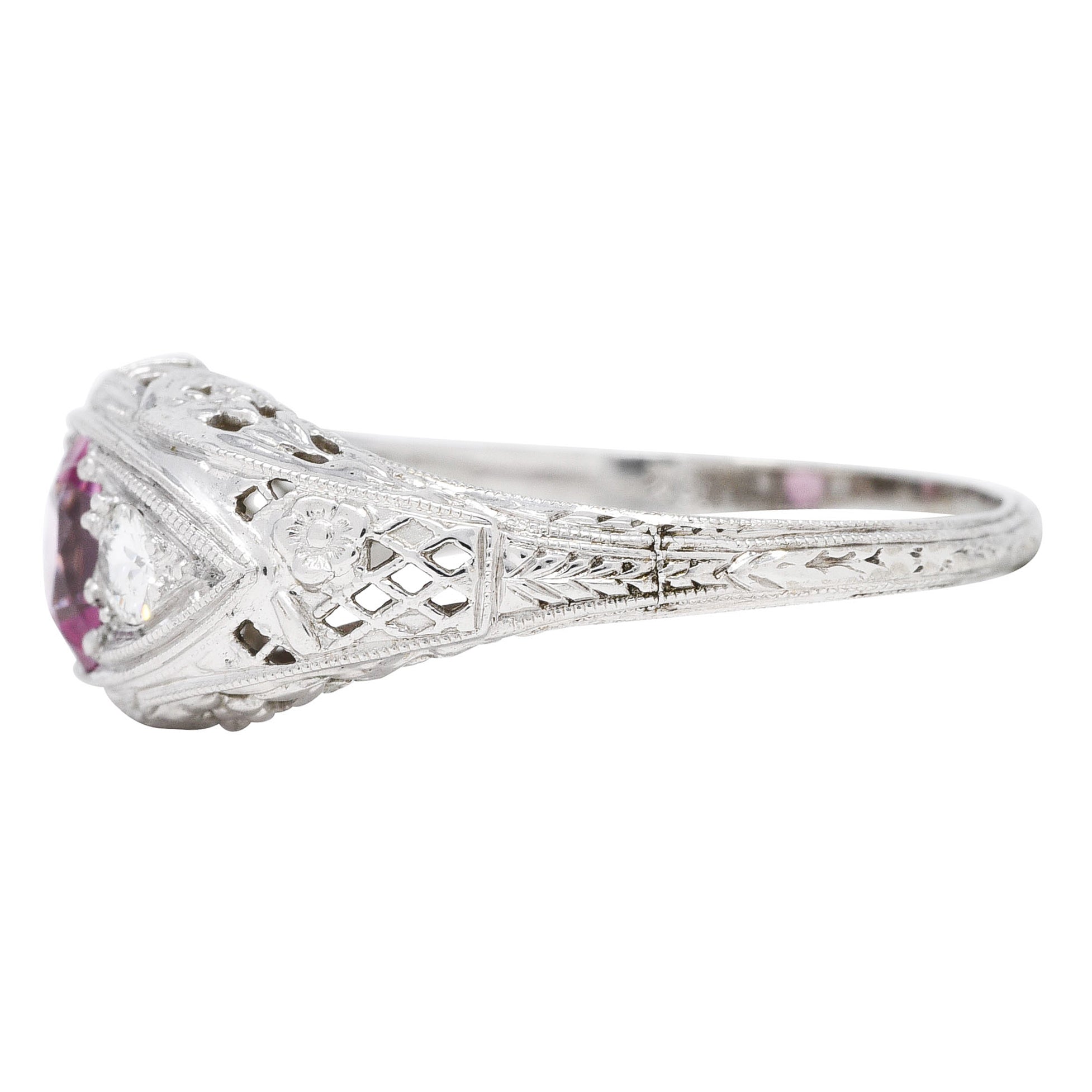 Art Deco 0.80 CTW Oval Cut Pink Sapphire Diamond 18 Karat White Gold Floral Garland Three Stone Ring Wilson's Estate Jewelry