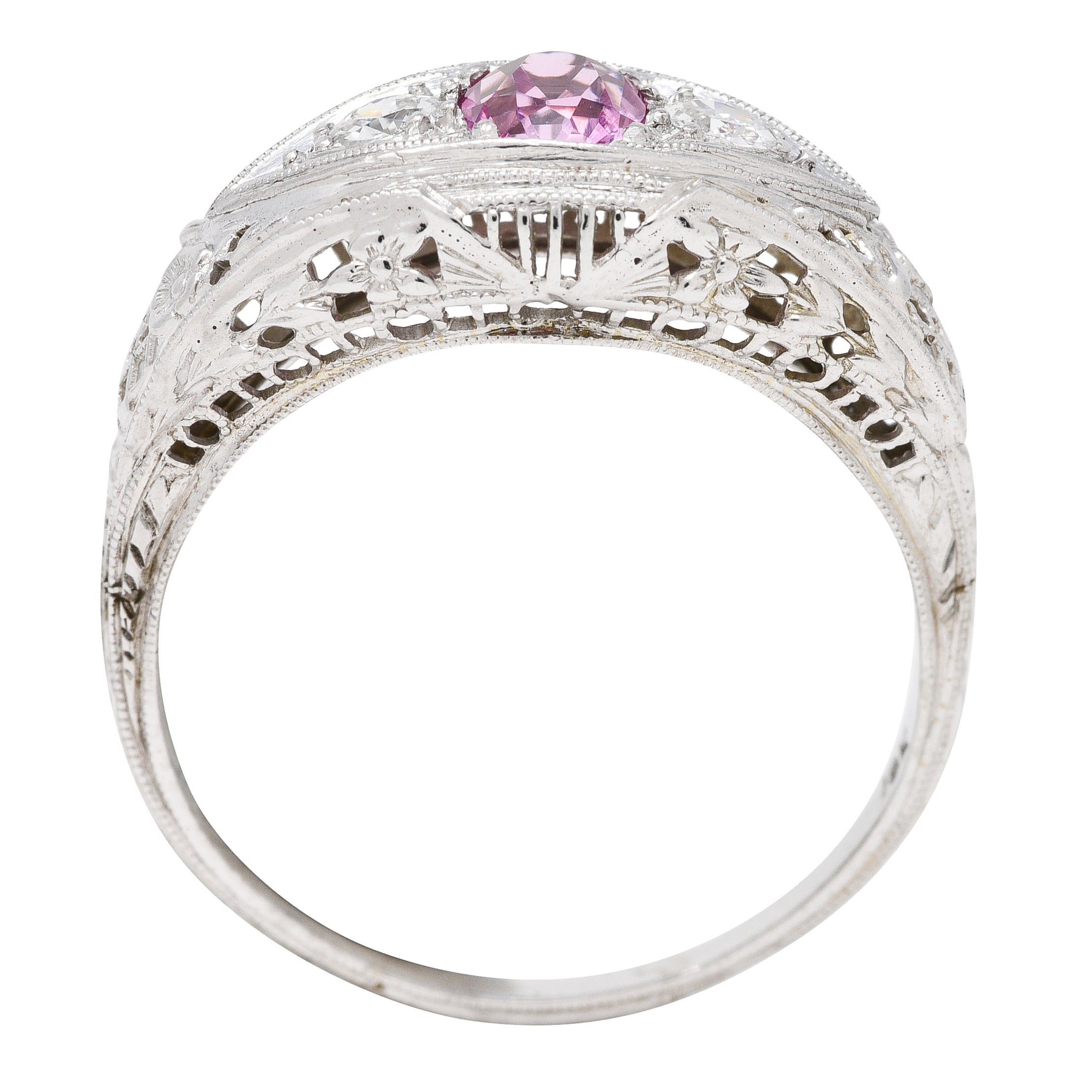 Art Deco 0.80 CTW Oval Cut Pink Sapphire Diamond 18 Karat White Gold Floral Garland Three Stone Ring Wilson's Estate Jewelry