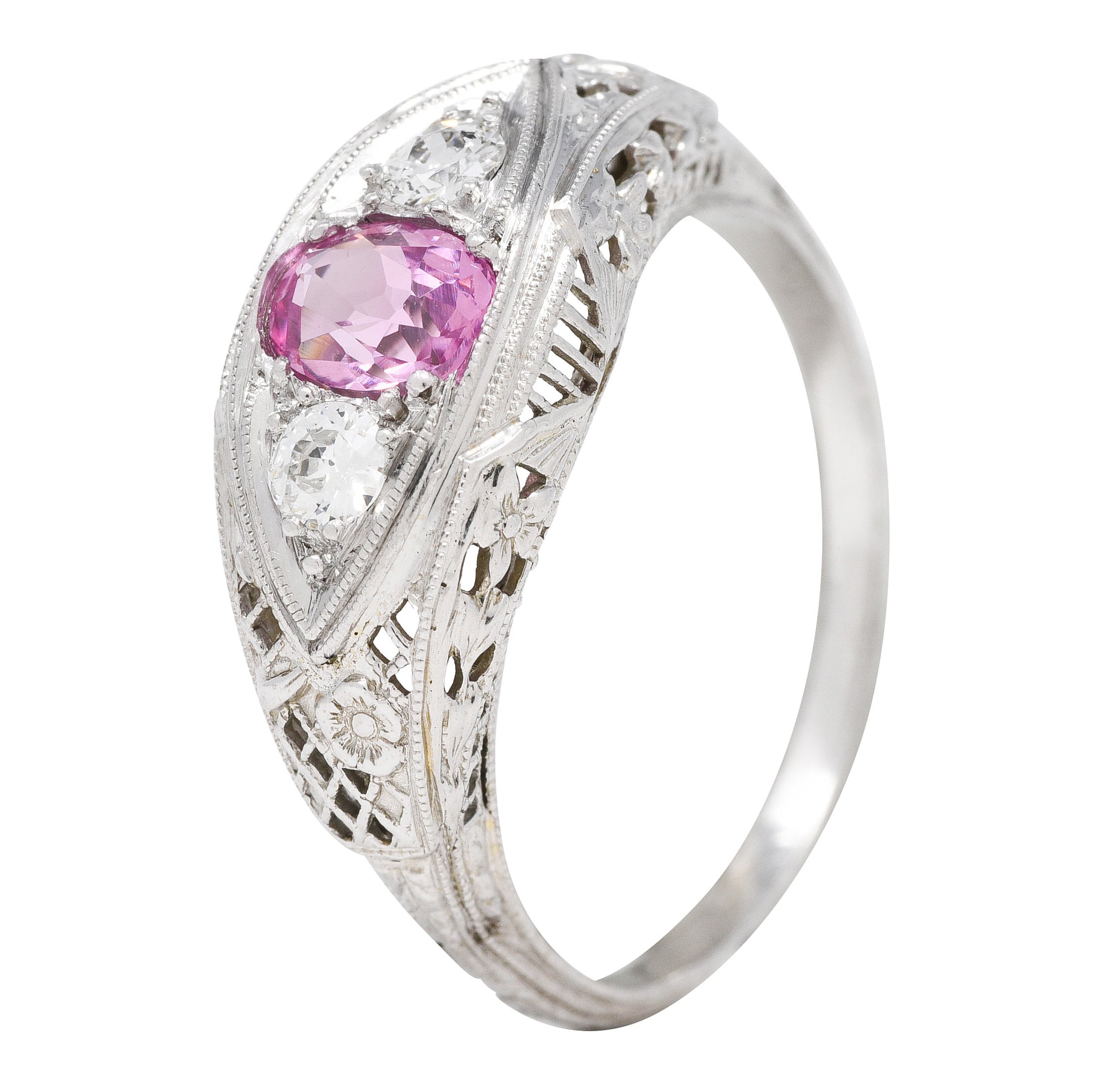 Art Deco 0.80 CTW Oval Cut Pink Sapphire Diamond 18 Karat White Gold Floral Garland Three Stone Ring Wilson's Estate Jewelry