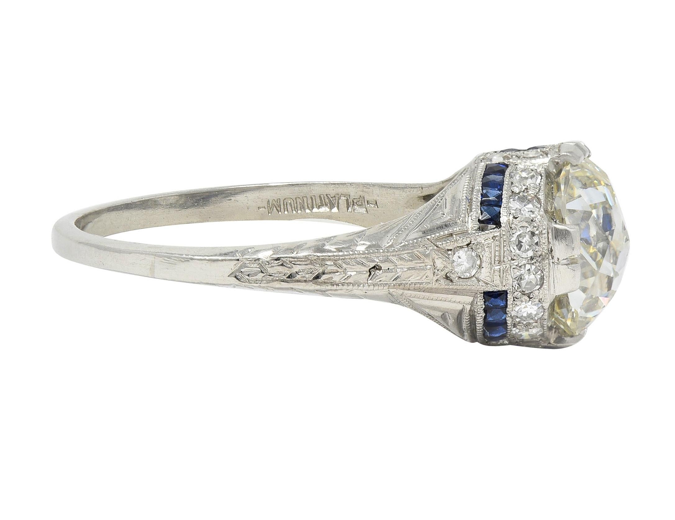 Art Deco 3.29 CTW Jubilee Diamond Sapphire Platinum Vintage Engagement Ring GIA