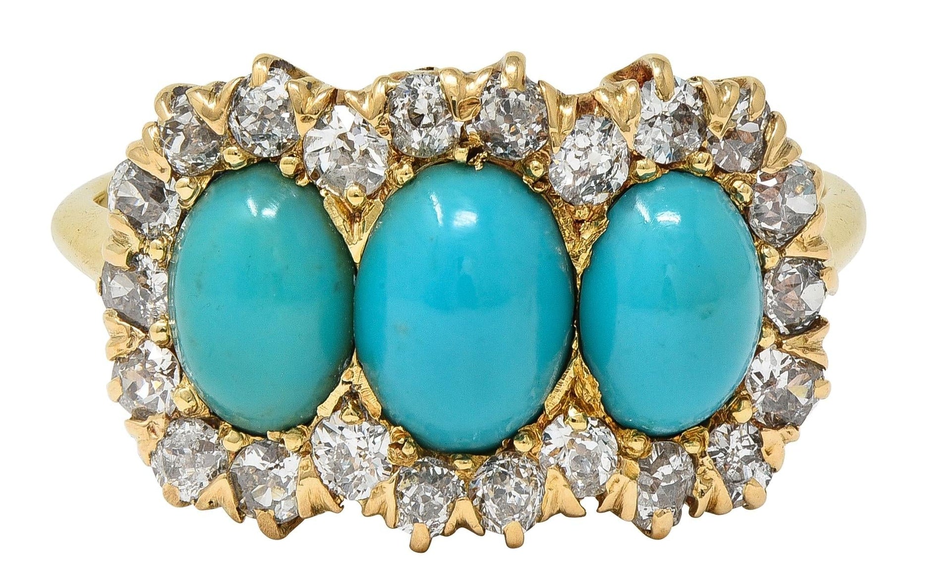 Victorian Diamond Turquoise 18 Karat Yellow Gold Antique Cluster Halo Ring