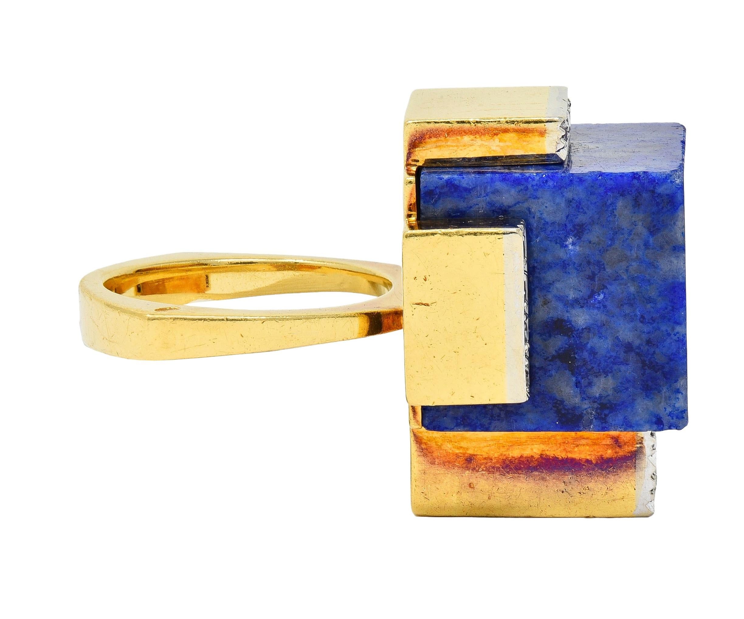 Dutch Modernist Lapis Lazuli Diamond Platinum 18 Karat Gold Vintage Cube Ring