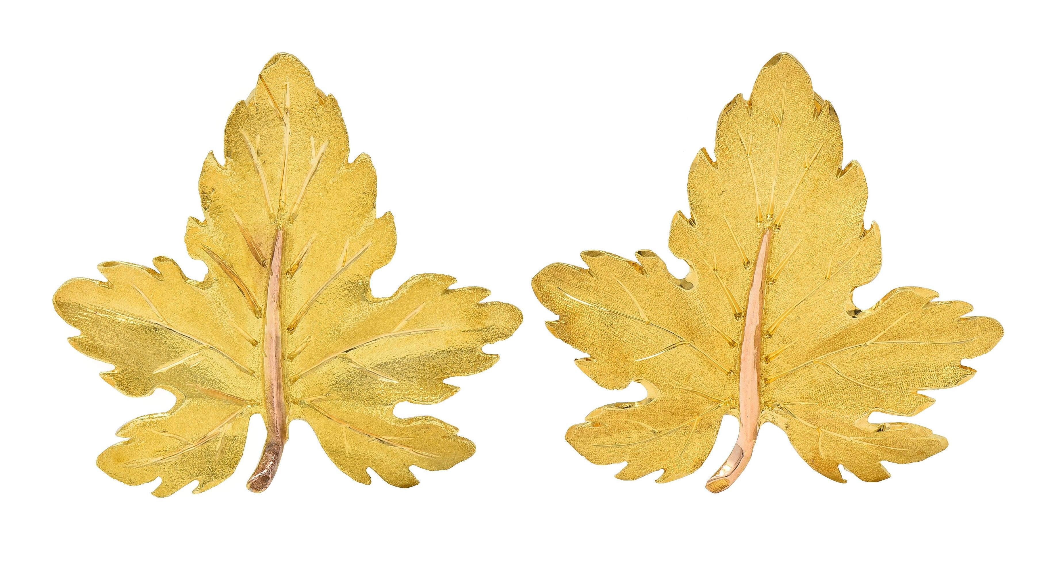 Buccellati 1970's 18 Karat Two-Tone Gold Vintage Leaf Ear-Clip Earrings