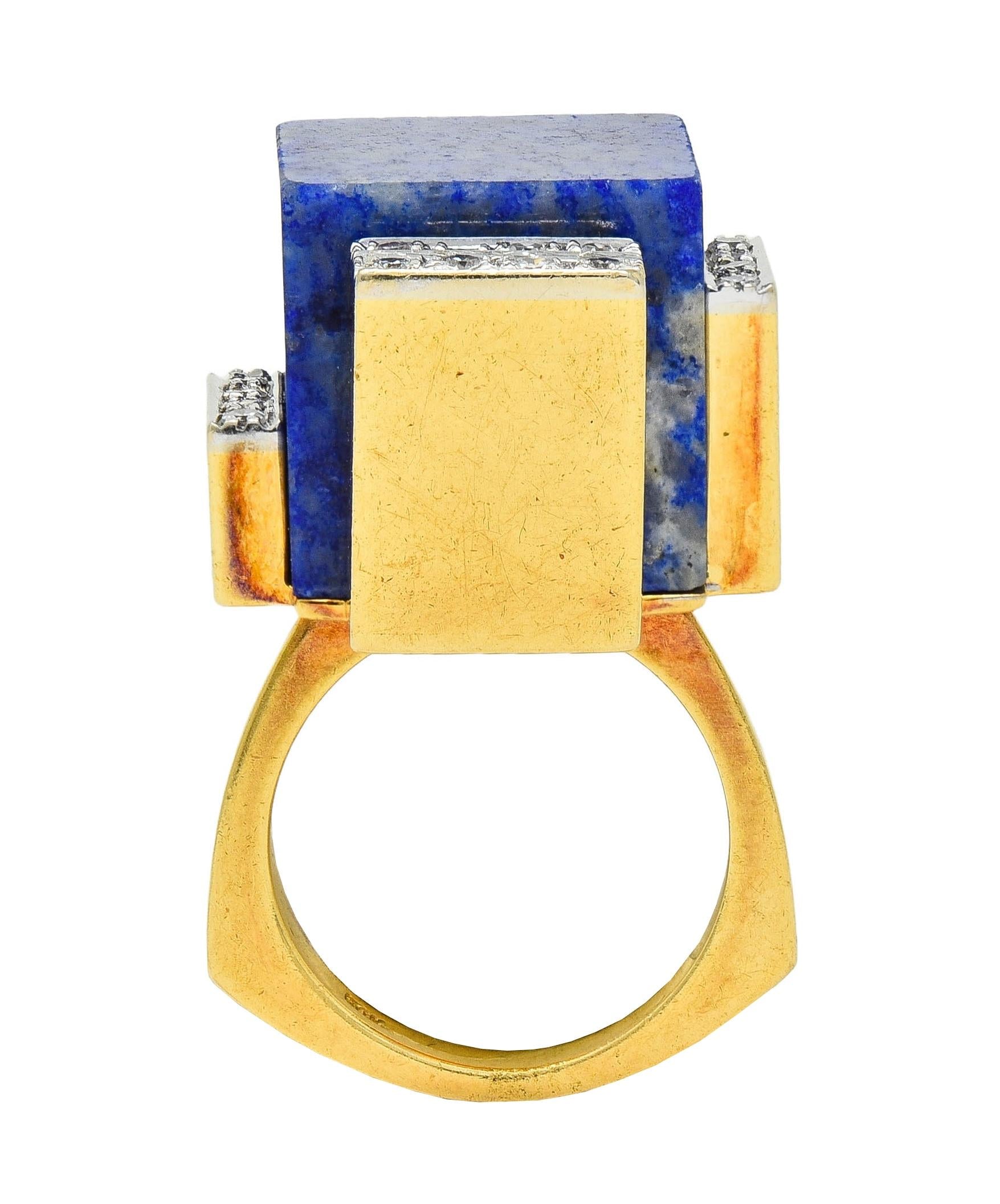 Dutch Modernist Lapis Lazuli Diamond Platinum 18 Karat Gold Vintage Cube Ring