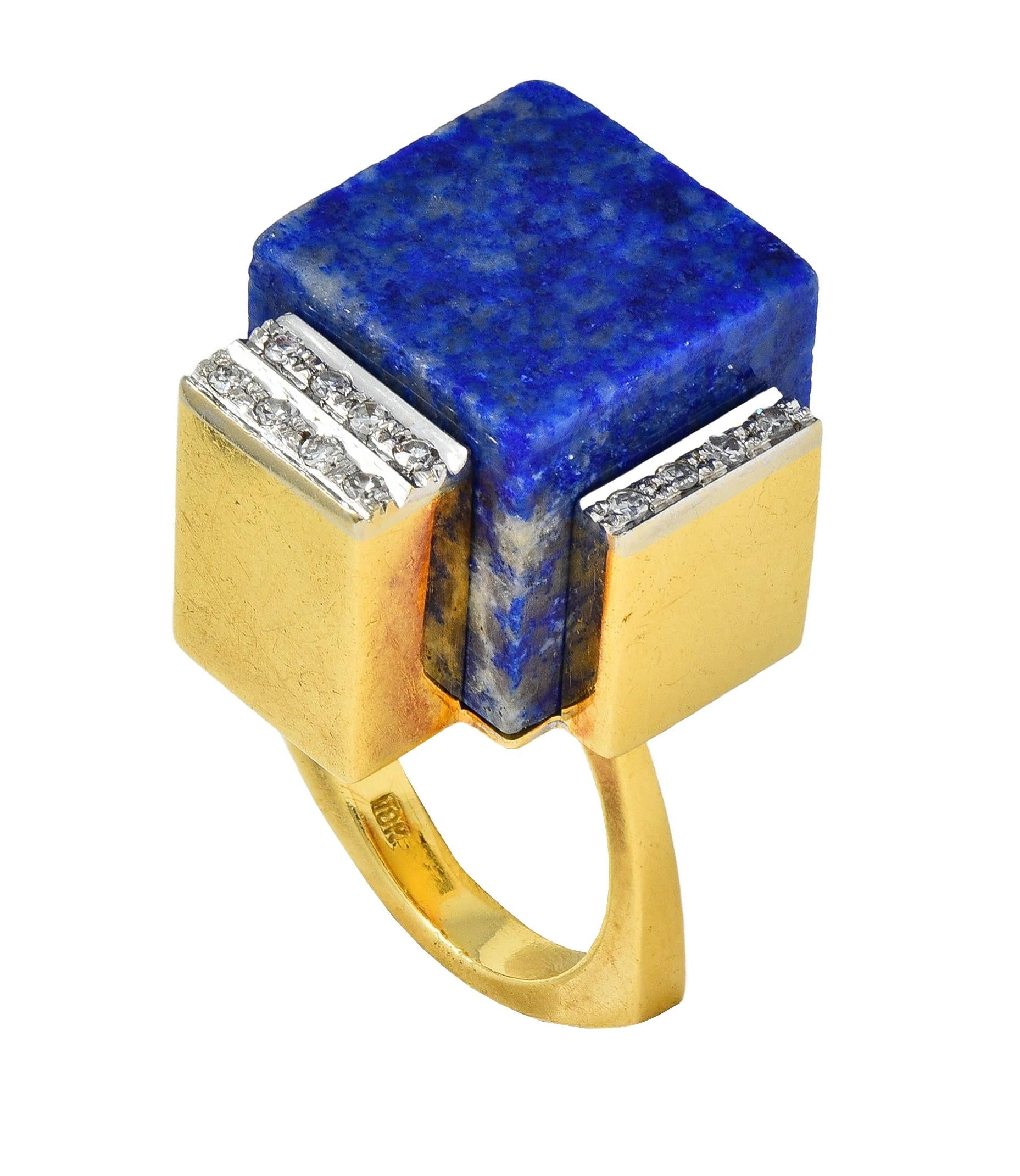 Dutch Modernist Lapis Lazuli Diamond Platinum 18 Karat Gold Vintage Cube Ring