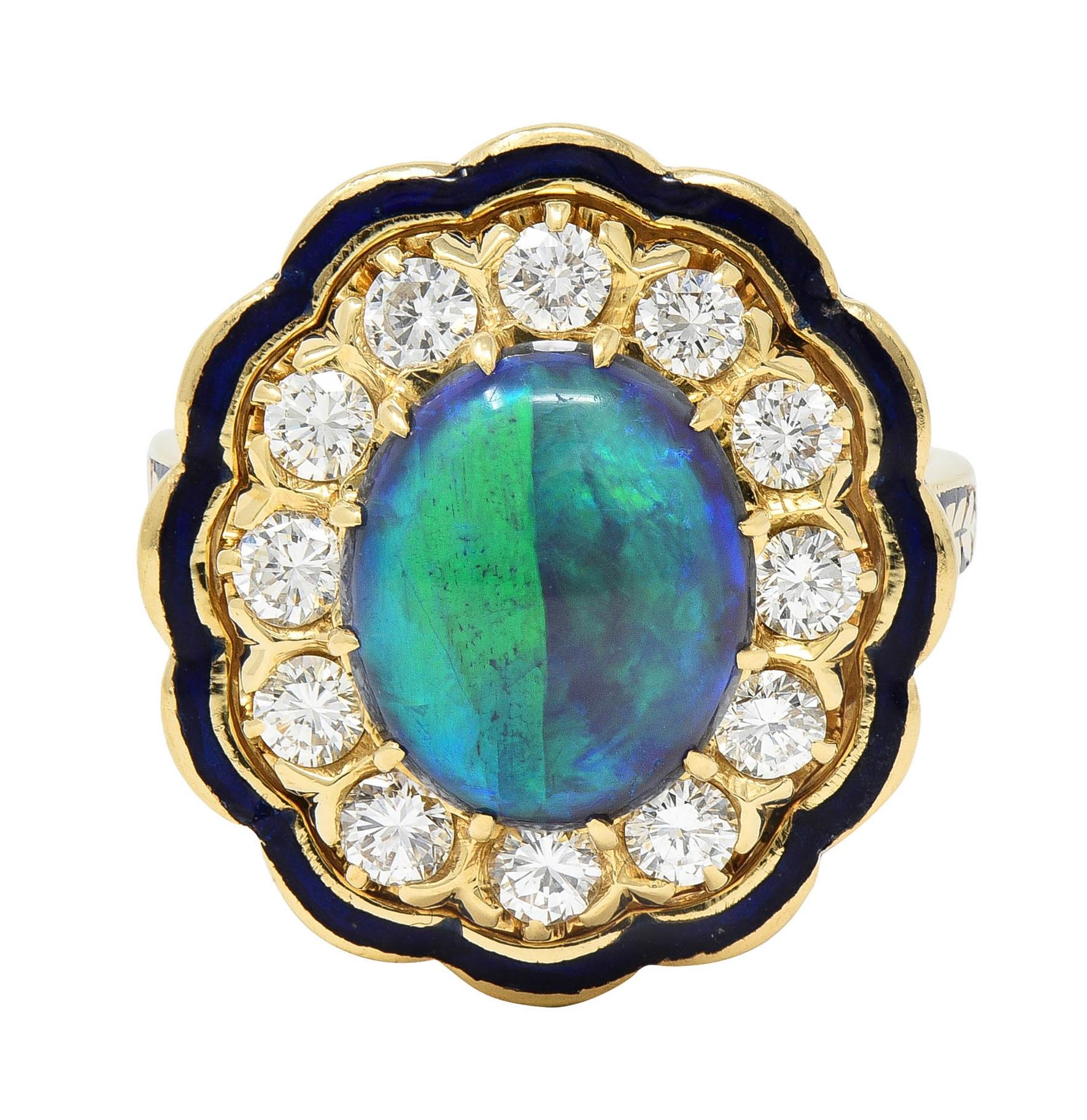 1960's Victorian Revival Black Opal Diamond Enamel 14K Gold Vintage Halo Ring