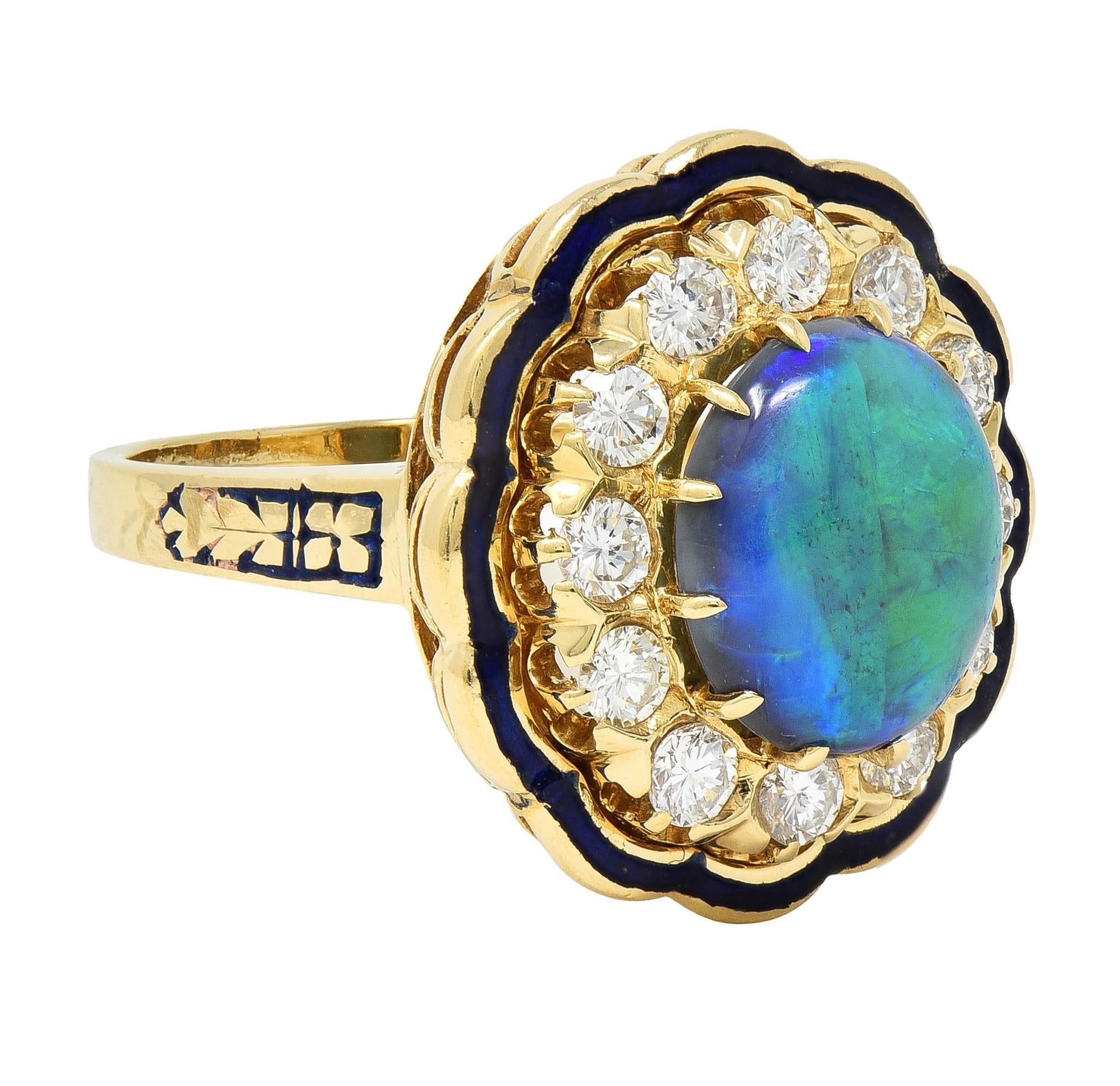 1960's Victorian Revival Black Opal Diamond Enamel 14K Gold Vintage Halo Ring